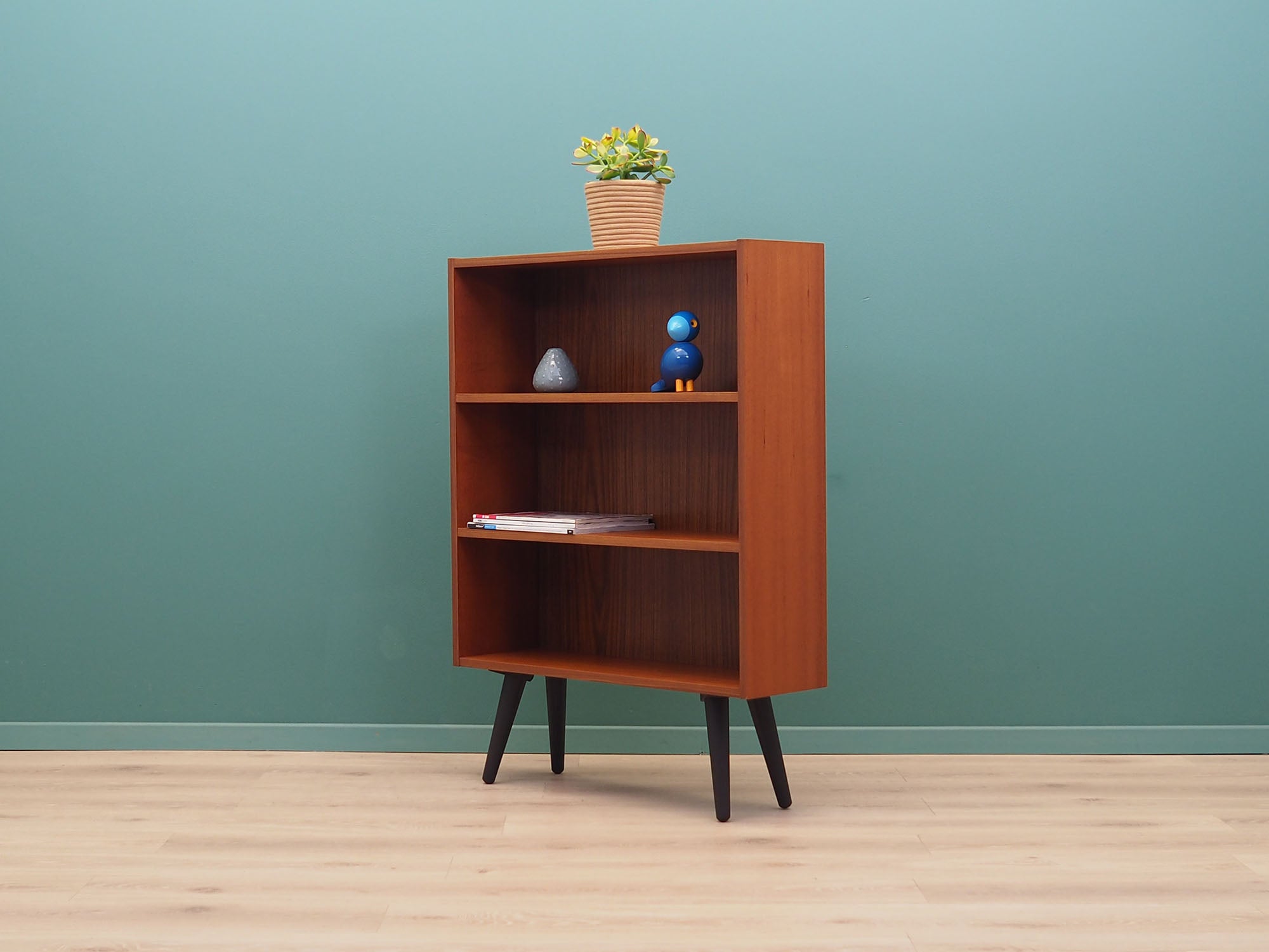 1970s_Danish_Teak_Bookcase_Fixed_Shelves_Black-Stained_Solid_Wood_Legs