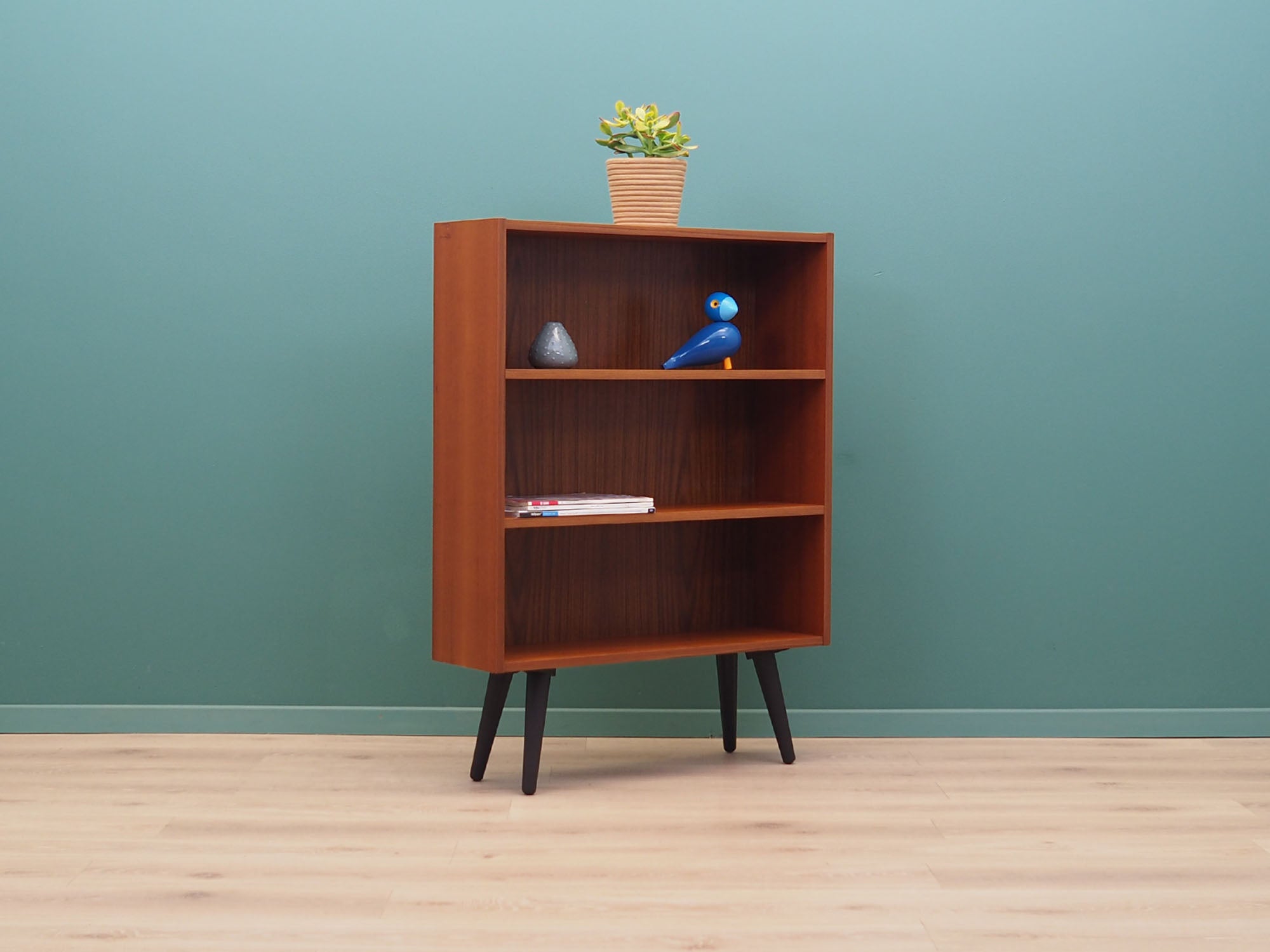 1970s_Danish_Teak_Bookcase_Fixed_Shelves_Black-Stained_Solid_Wood_Legs