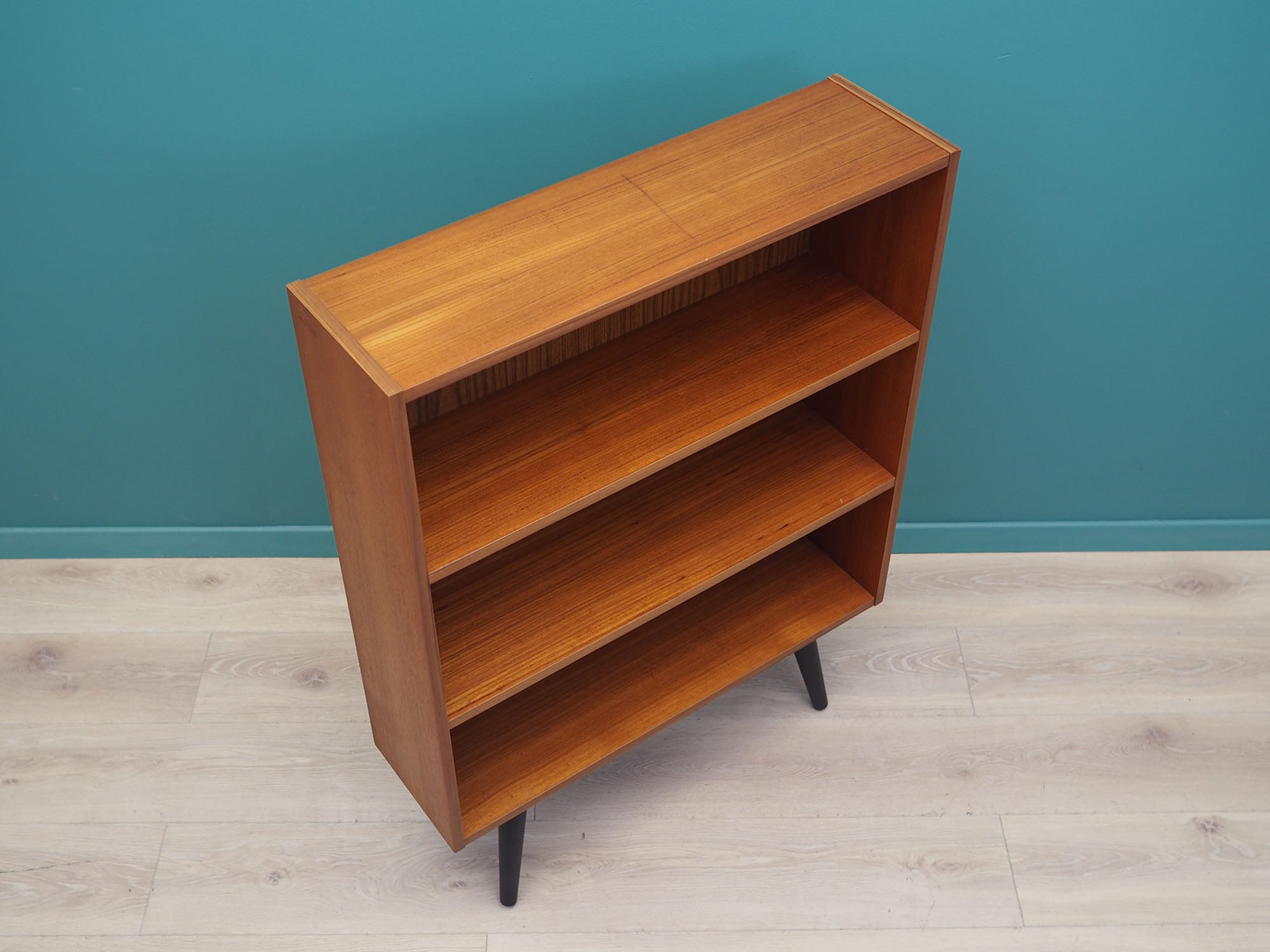 1970s_Danish_Teak_Bookcase_Fixed_Shelves_Black-Stained_Solid_Wood_Legs