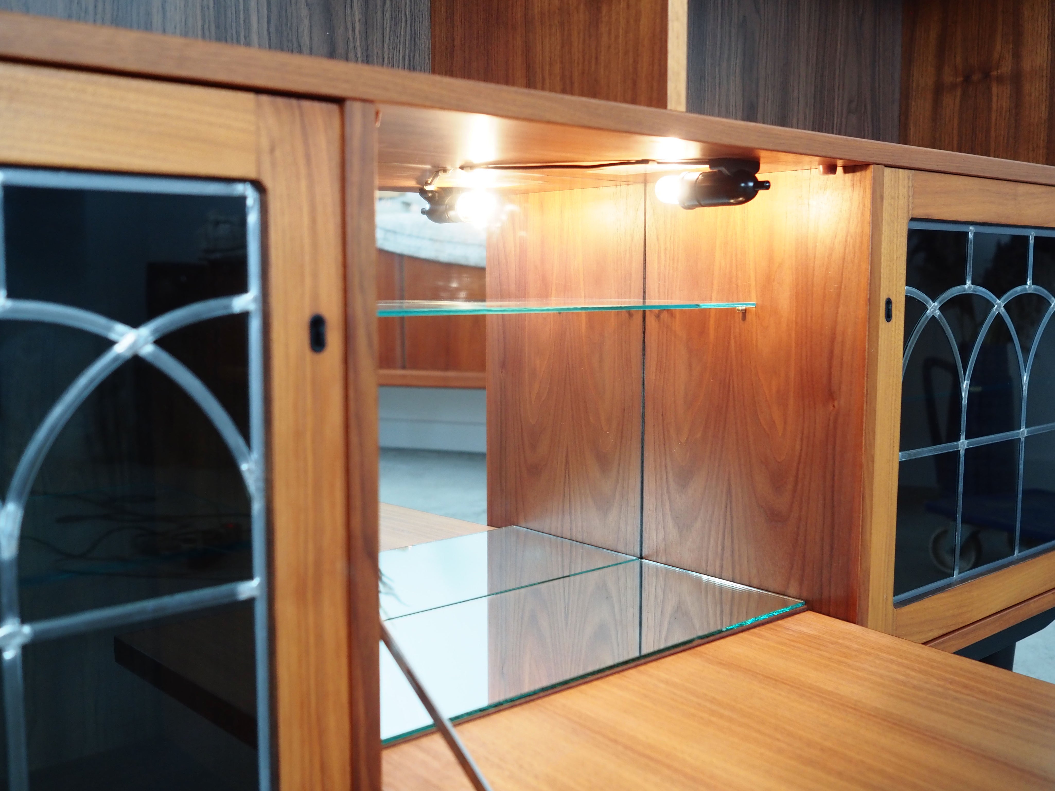 1970s_Danish_Teak_Bookcase_Glass_Shelves_Integrated_Bar_Mirror_Lighting