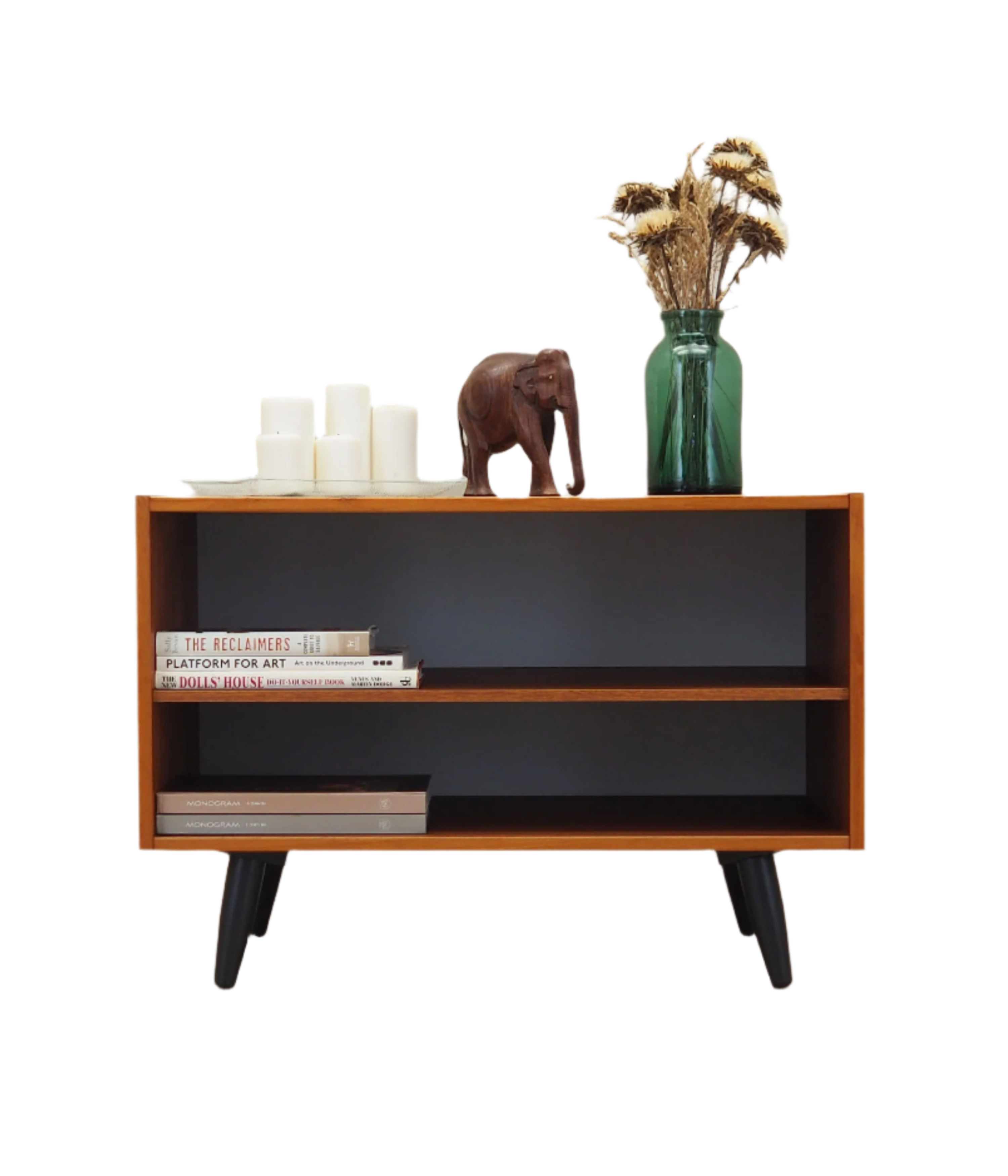 1970s_Danish_Teak_Veneer_Bookcase_Adjustable_Shelf_Black_Wood_Legs