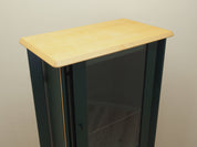 1980s_Danish_Oak_Veneer_Showcase_Green_Stain_Glass_Shelf_Drawers_Lighting