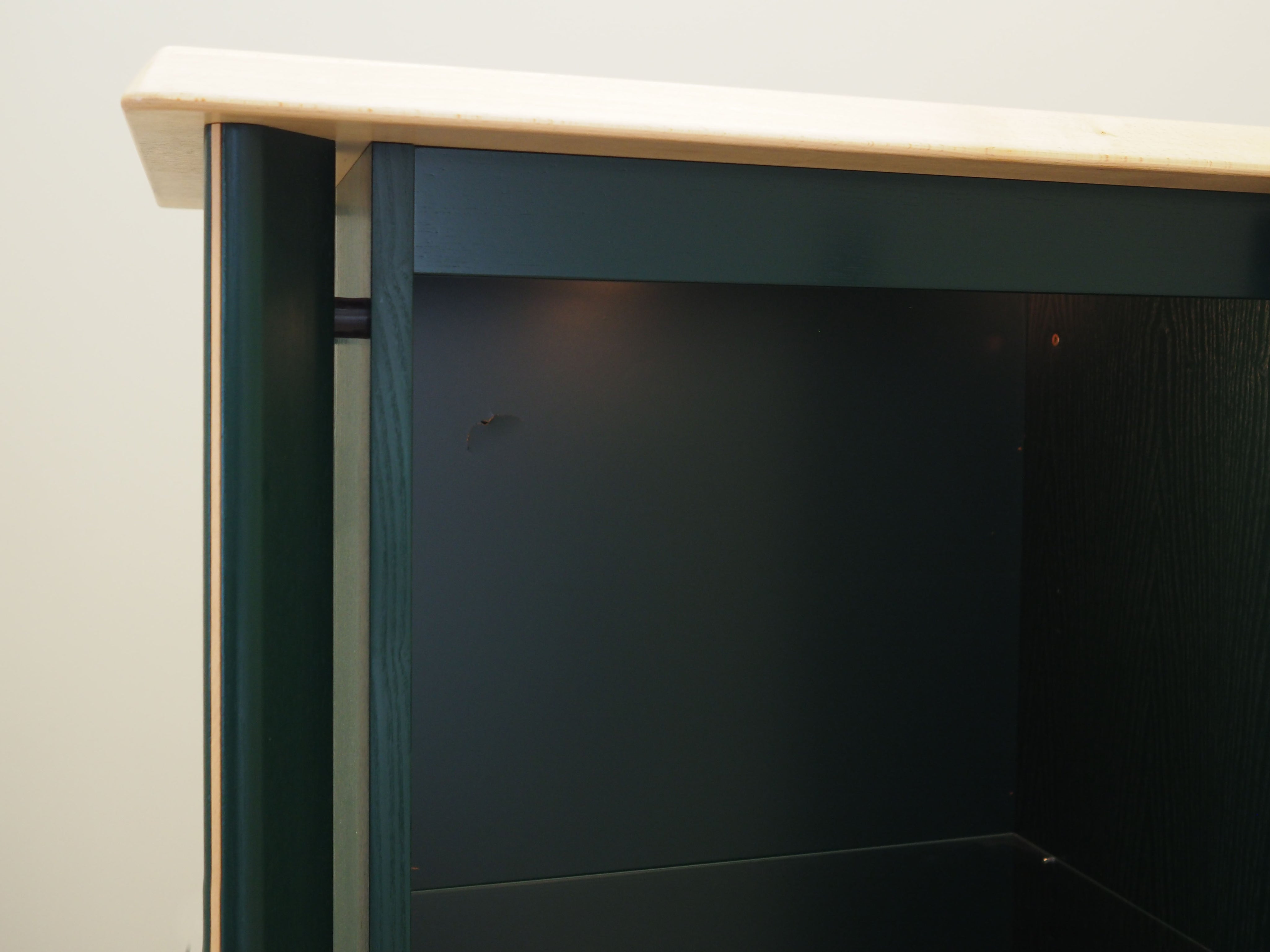 1980s_Danish_Oak_Veneer_Showcase_Green_Stain_Glass_Shelf_Drawers_Lighting