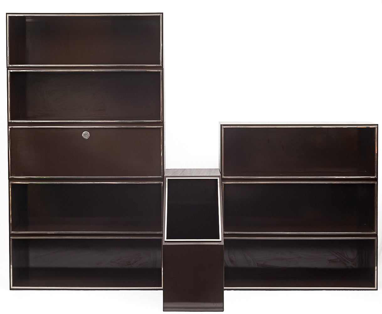 Laminated_wood_bookcase_with_chrome-plated_metal_moldings