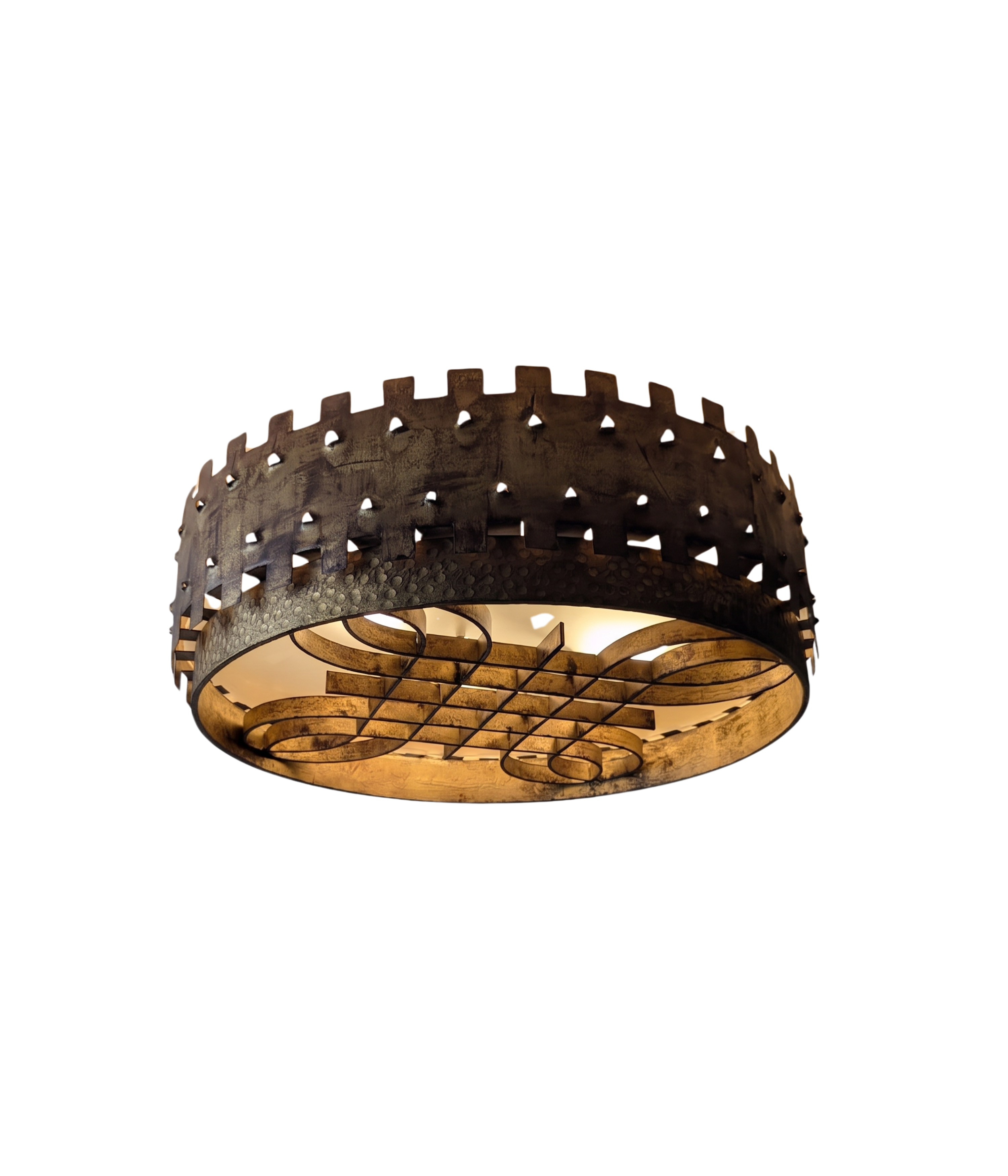 1940s_Brutalist_Flush_Mount_Ceiling_Lamp_in_Hammered_Gilt_Wrought_Iron