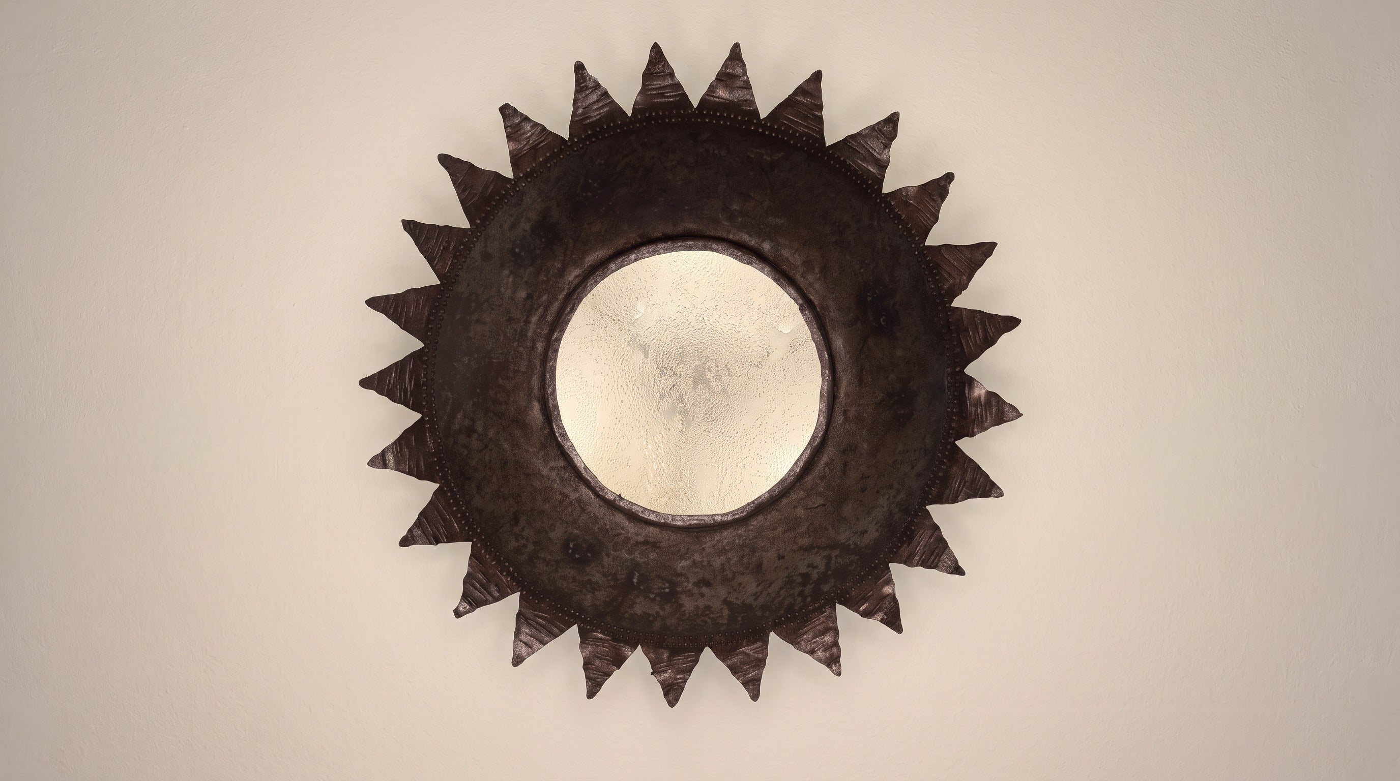 1940s_Hand-Forged_Wrought_Iron_Sunburst_Pendant_Lamp,_Rustic_Brutalist_Ceiling_Light_with_Textured_Glass