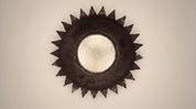 1940s_Hand-Forged_Wrought_Iron_Sunburst_Pendant_Lamp,_Rustic_Brutalist_Ceiling_Light_with_Textured_Glass