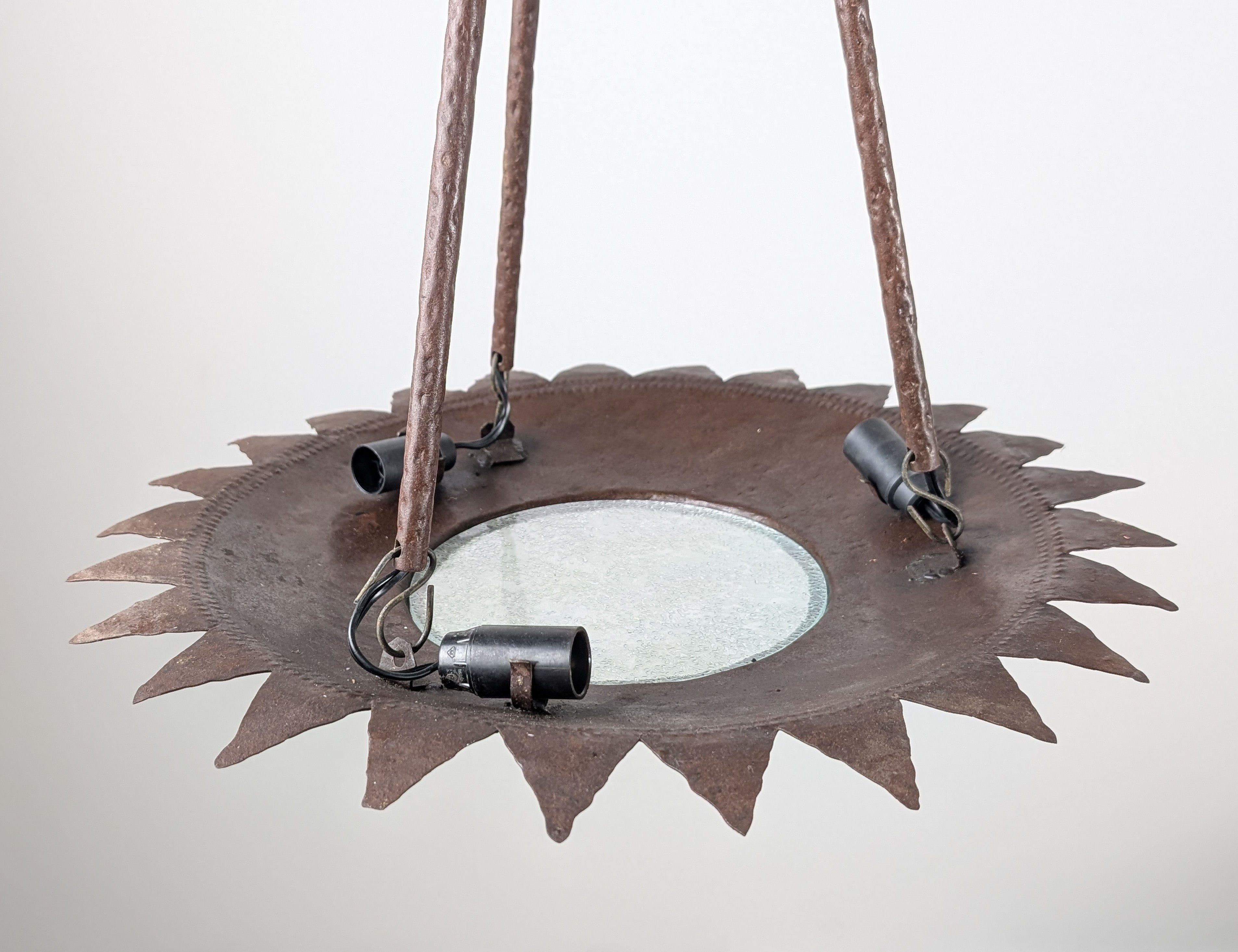 1940s_Hand-Forged_Wrought_Iron_Sunburst_Pendant_Lamp,_Rustic_Brutalist_Ceiling_Light_with_Textured_Glass