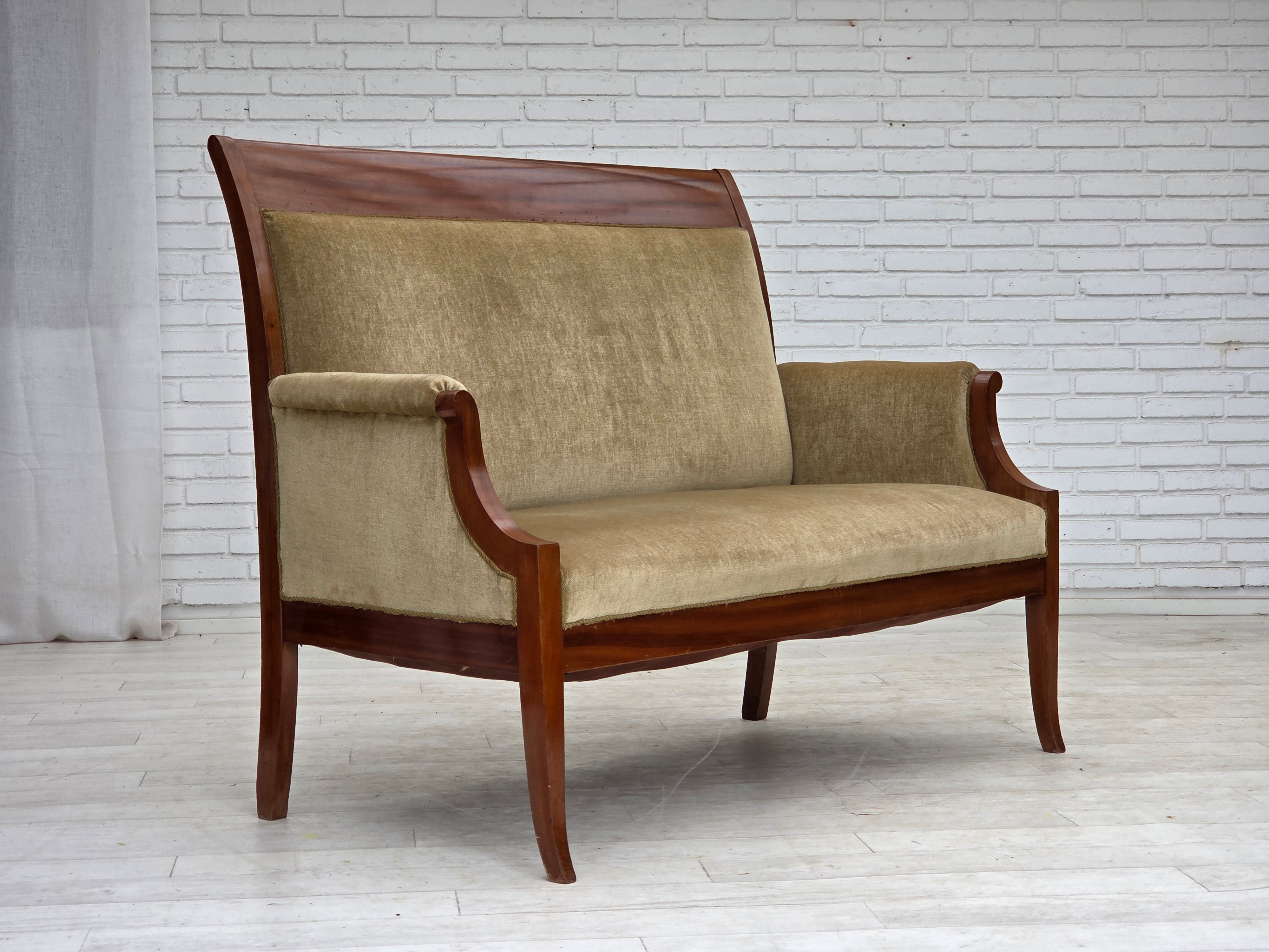 Danish_High-Back_Two-Seater_Sofa_in_Green_Velour_and_Teak,_Denmark,_1950s