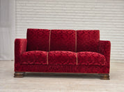 Danish_Red_Velour_3-Seater_Sofa_with_Oak_Legs,_1950s