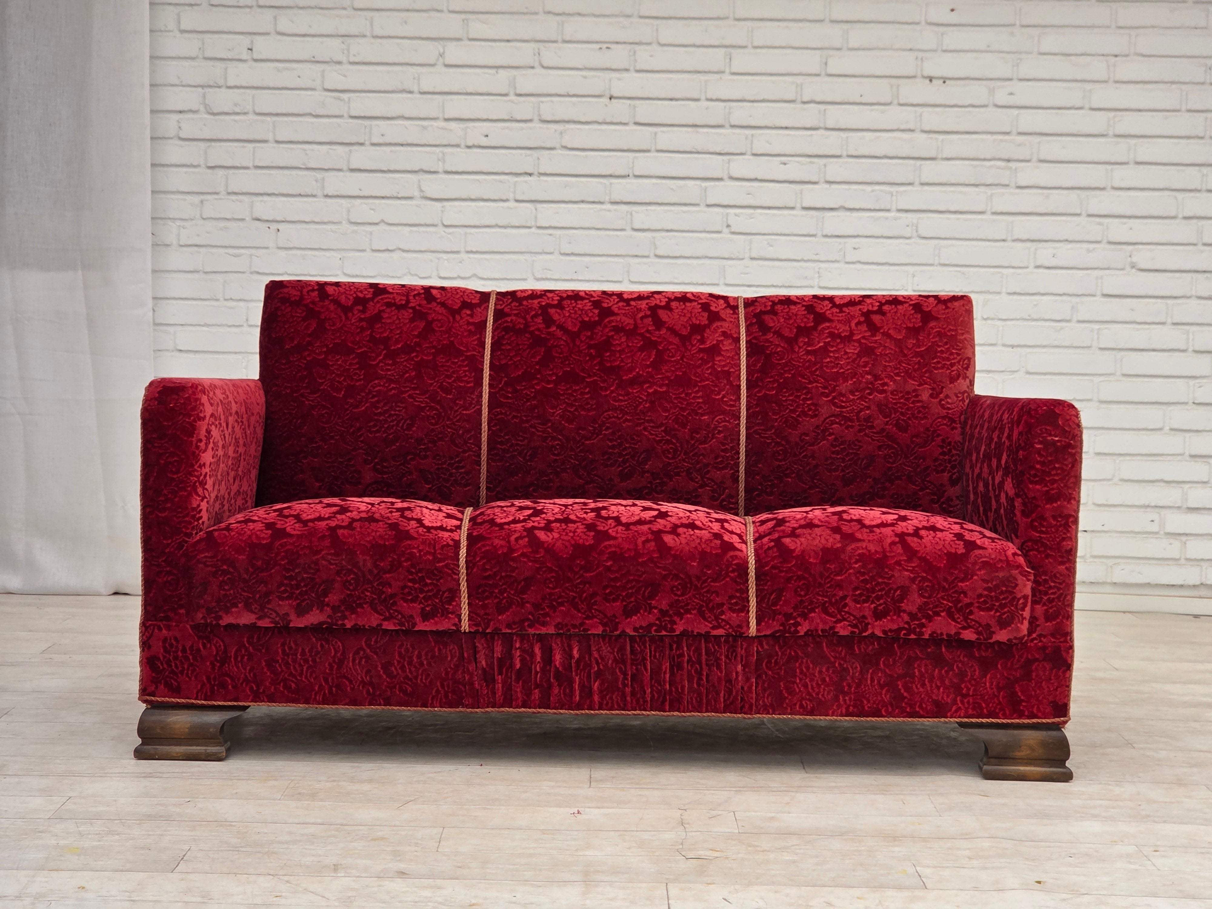 Danish_Red_Velour_3-Seater_Sofa_with_Oak_Legs,_1950s