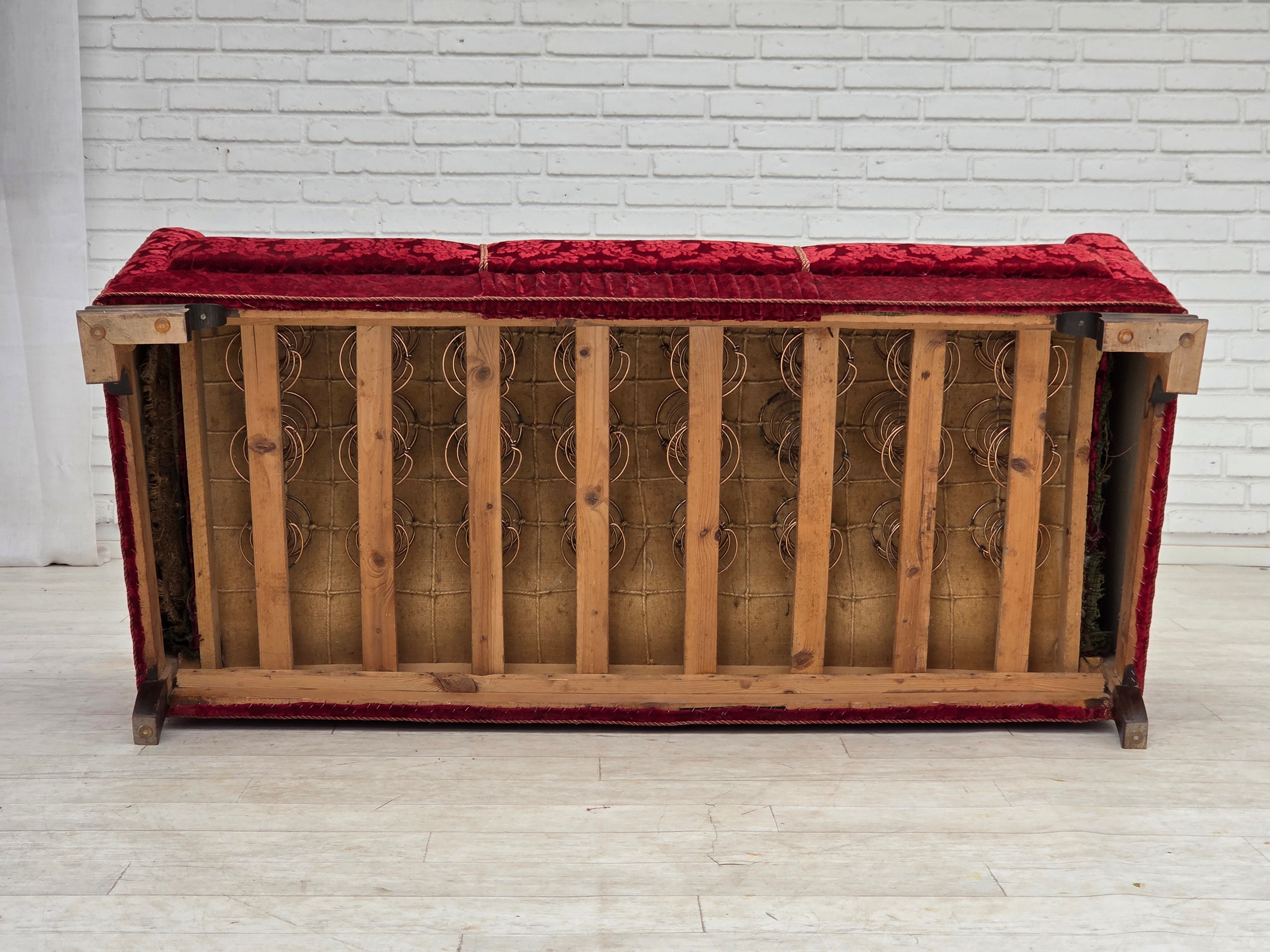 Danish_Red_Velour_3-Seater_Sofa_with_Oak_Legs,_1950s