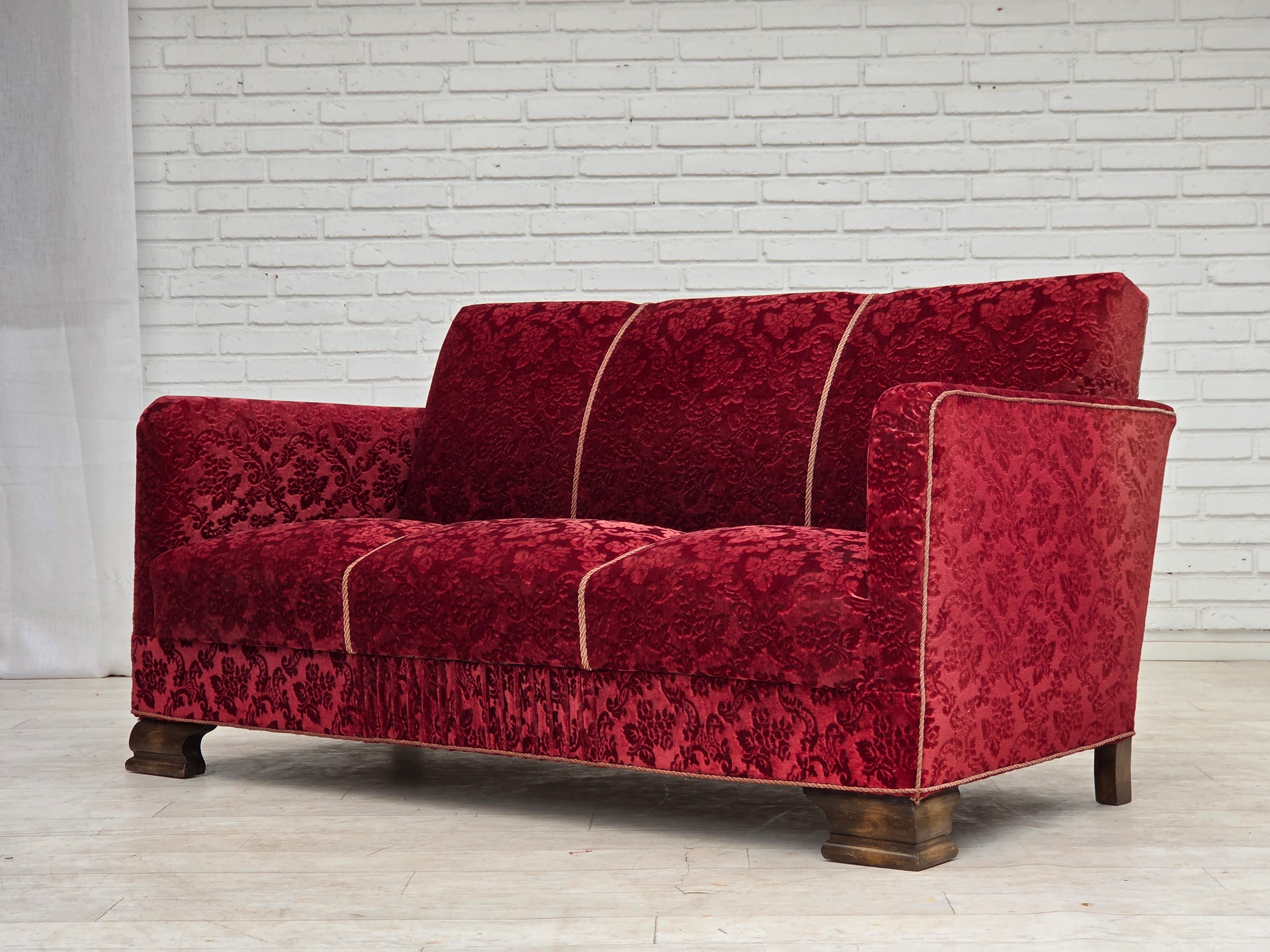 Danish_Red_Velour_3-Seater_Sofa_with_Oak_Legs,_1950s