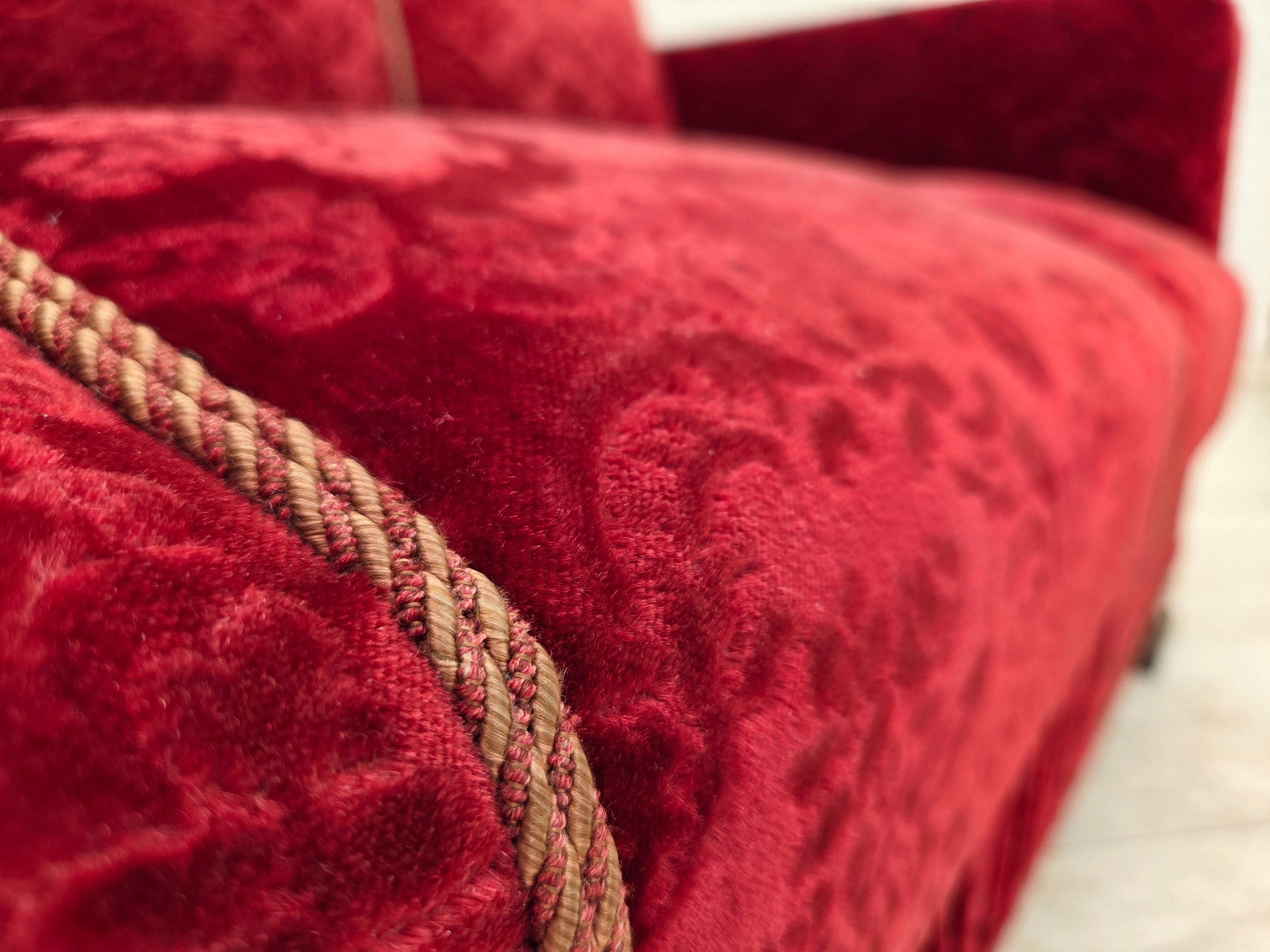 Danish_Red_Velour_3-Seater_Sofa_with_Oak_Legs,_1950s
