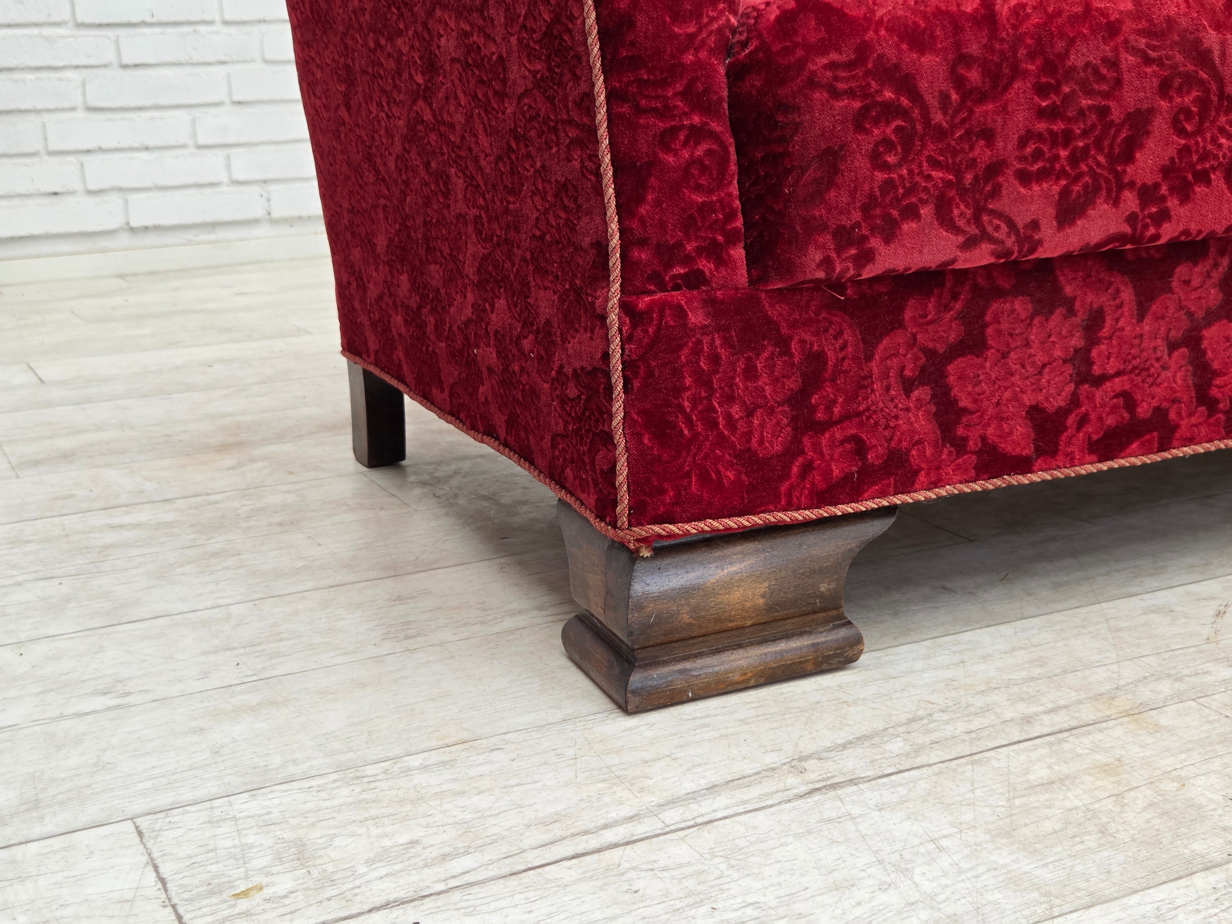 Danish_Red_Velour_3-Seater_Sofa_with_Oak_Legs,_1950s