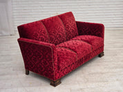 Danish_Red_Velour_3-Seater_Sofa_with_Oak_Legs,_1950s