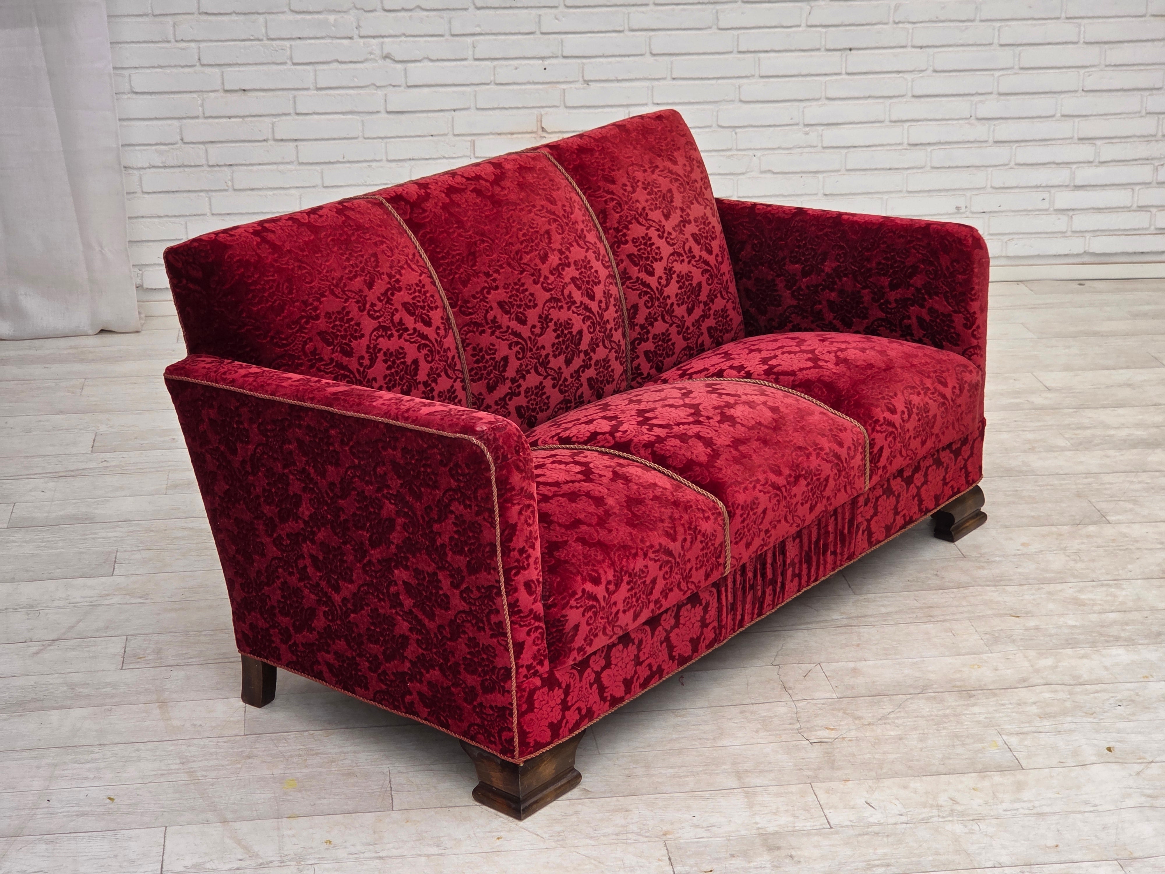Danish_Red_Velour_3-Seater_Sofa_with_Oak_Legs,_1950s