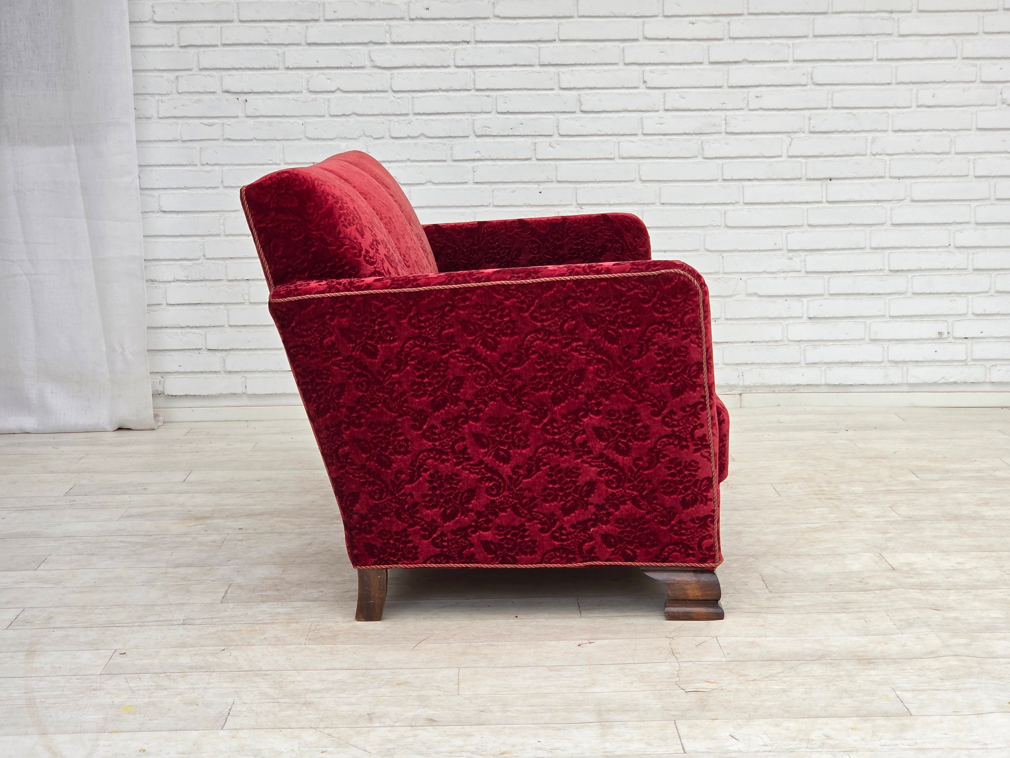 Danish_Red_Velour_3-Seater_Sofa_with_Oak_Legs,_1950s