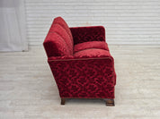 Danish_Red_Velour_3-Seater_Sofa_with_Oak_Legs,_1950s