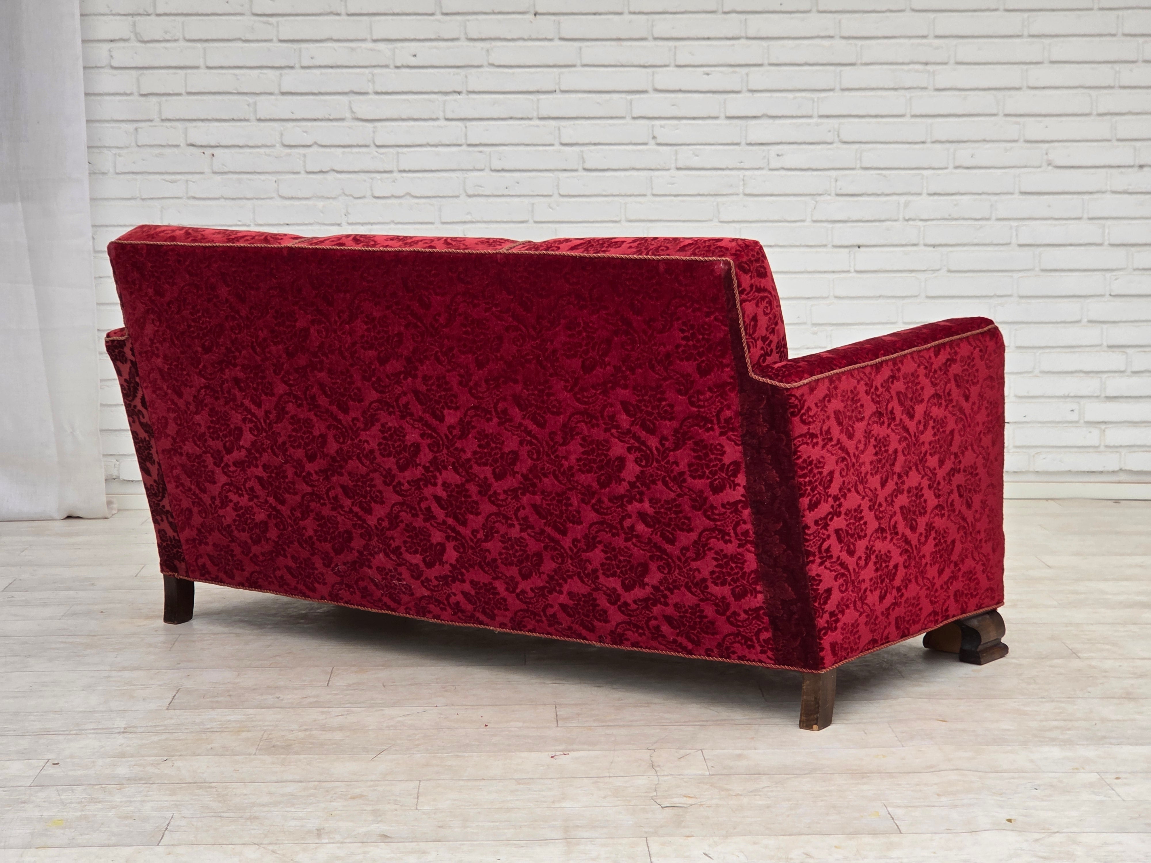 Danish_Red_Velour_3-Seater_Sofa_with_Oak_Legs,_1950s
