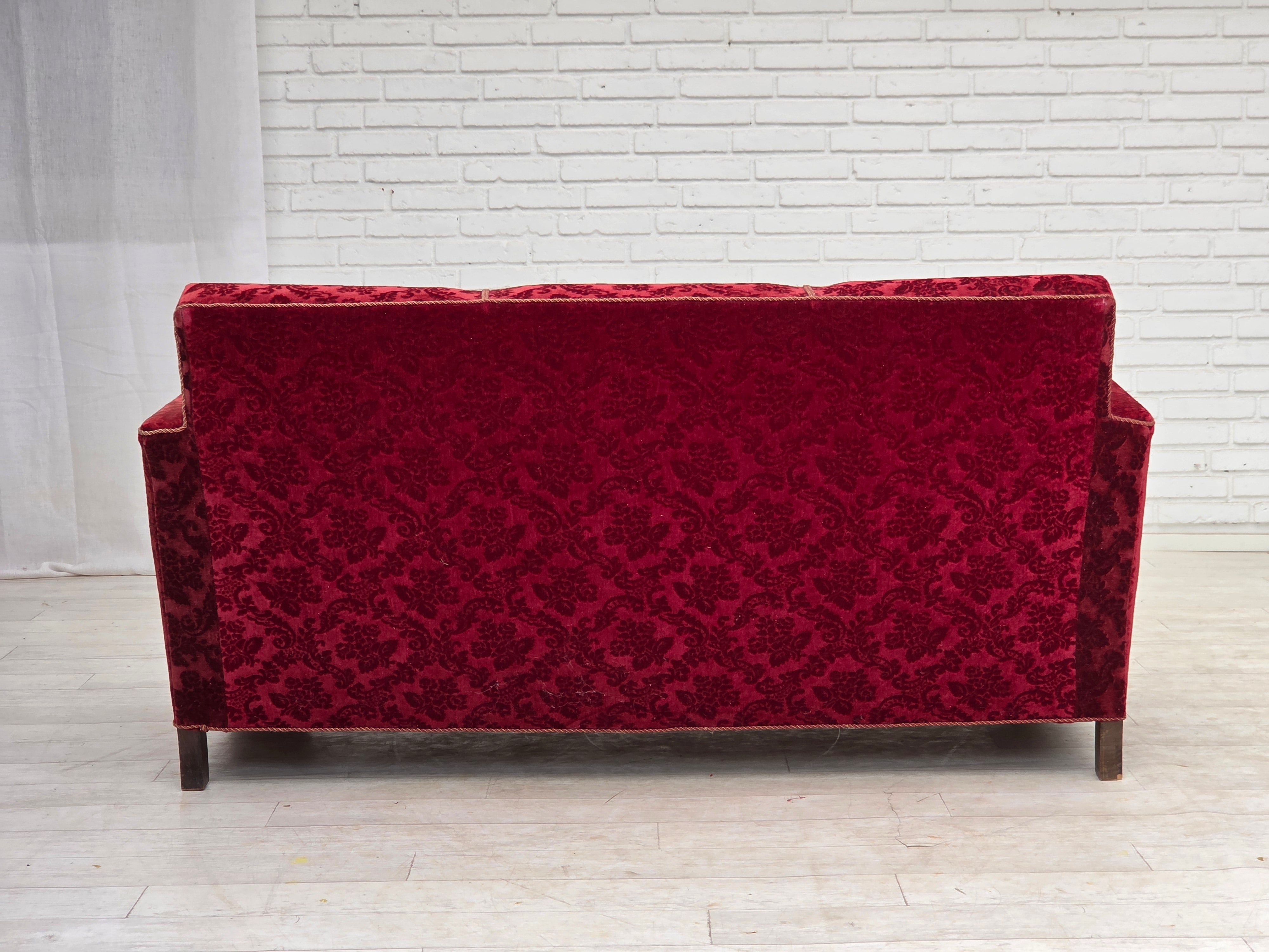 Danish_Red_Velour_3-Seater_Sofa_with_Oak_Legs,_1950s