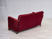 Danish_Red_Velour_3-Seater_Sofa_with_Oak_Legs,_1950s