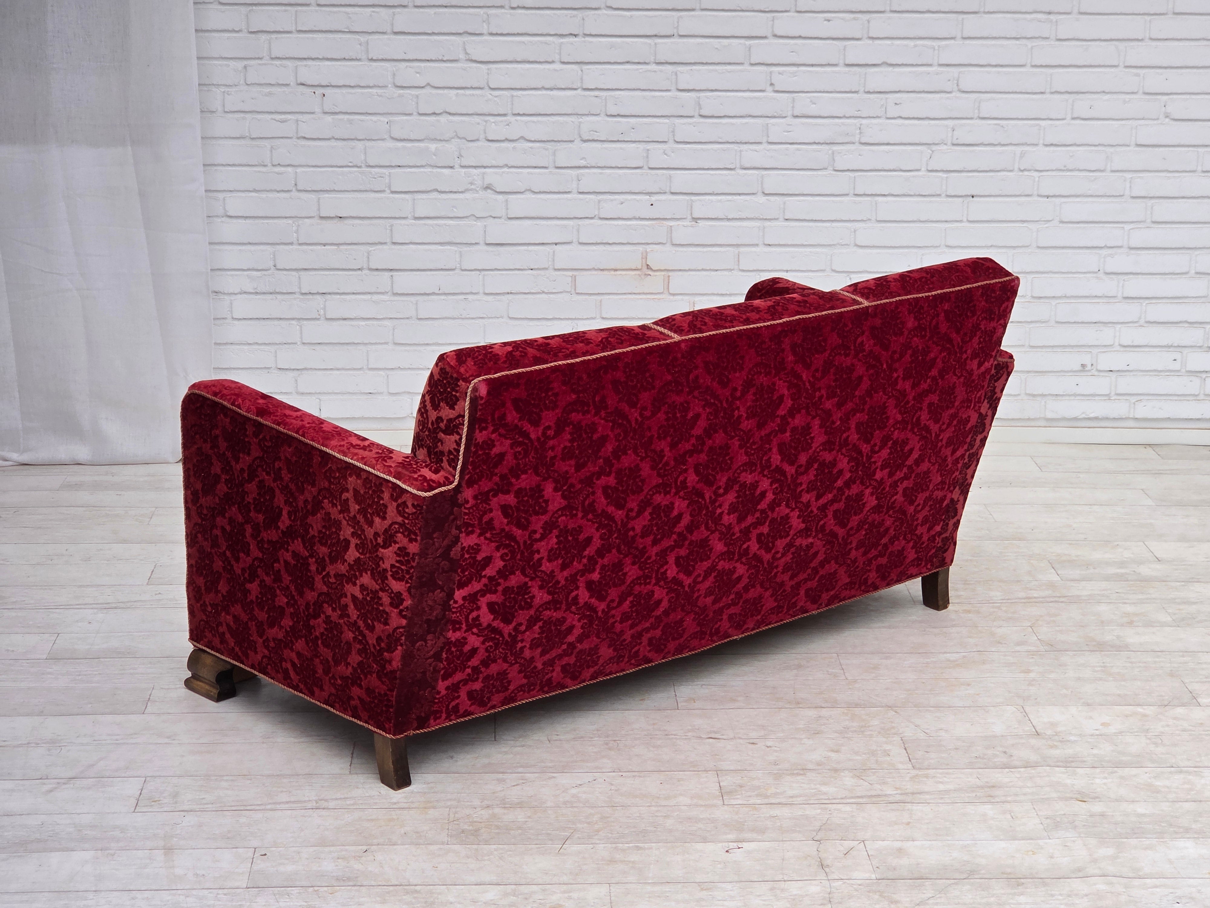 Danish_Red_Velour_3-Seater_Sofa_with_Oak_Legs,_1950s