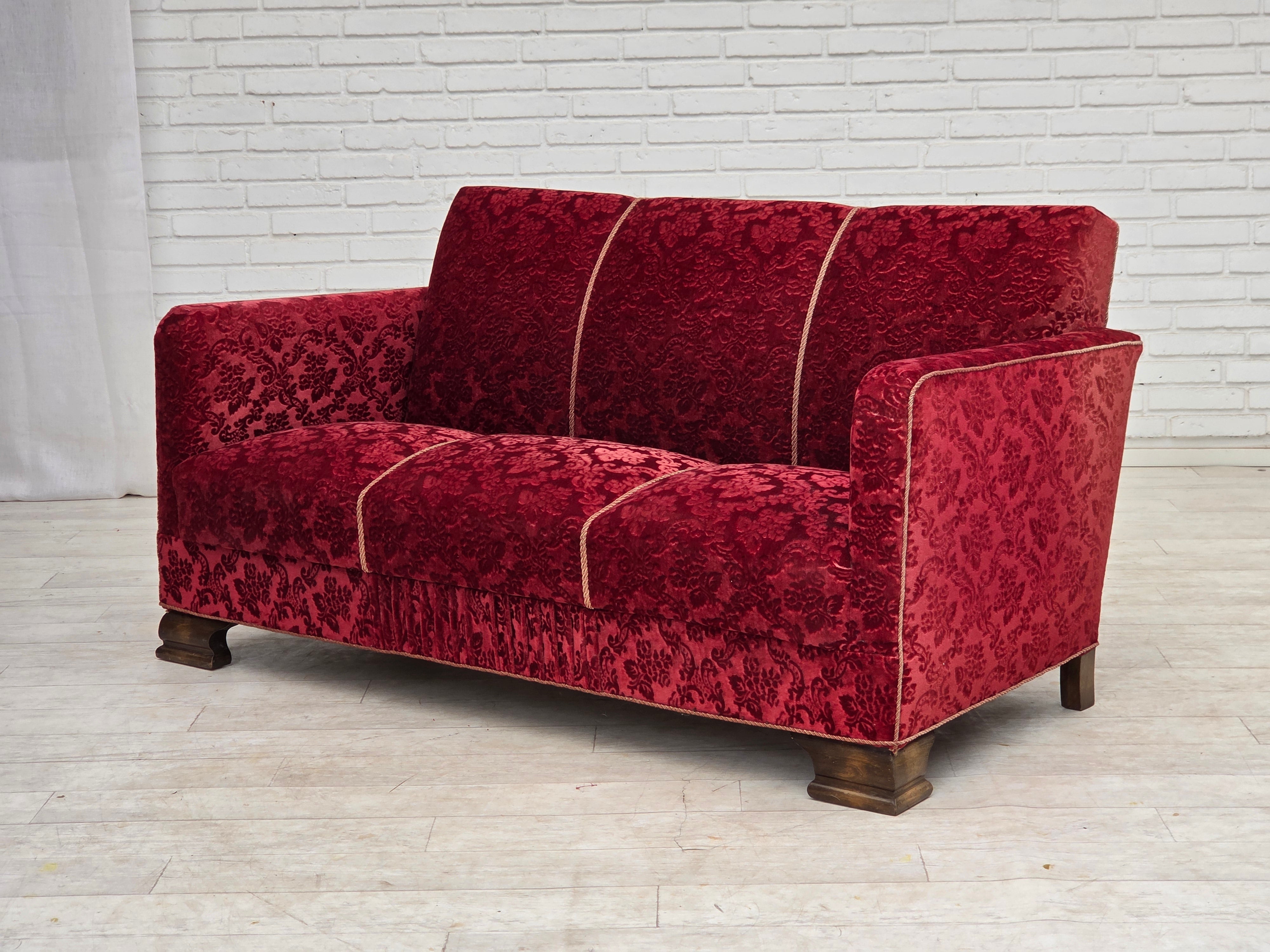 Danish_Red_Velour_3-Seater_Sofa_with_Oak_Legs,_1950s