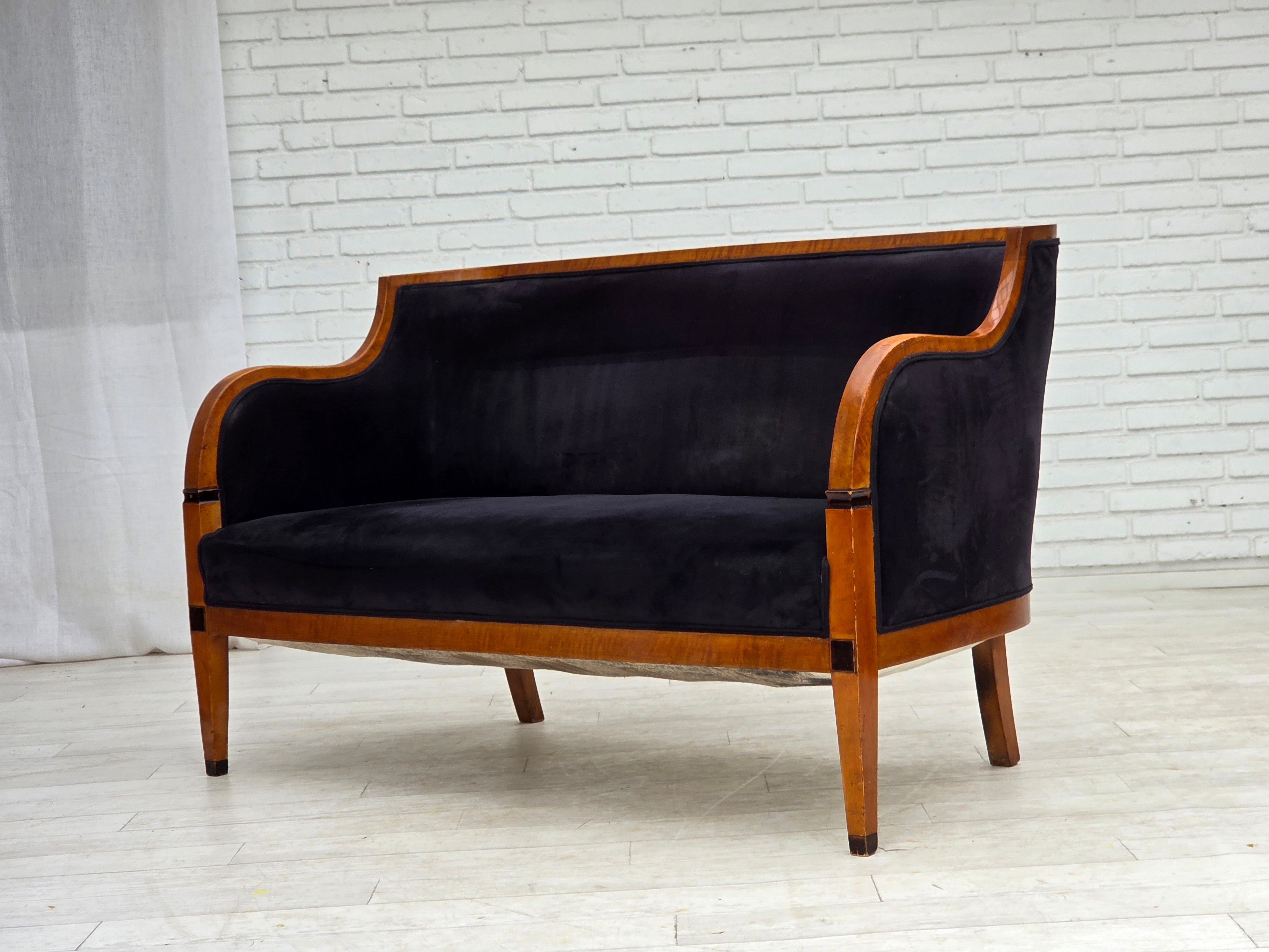 Danish_Art_Deco_2-Seater_Sofa_in_Blue_Velour_with_Lacquered_Ash_Frame,_1950s