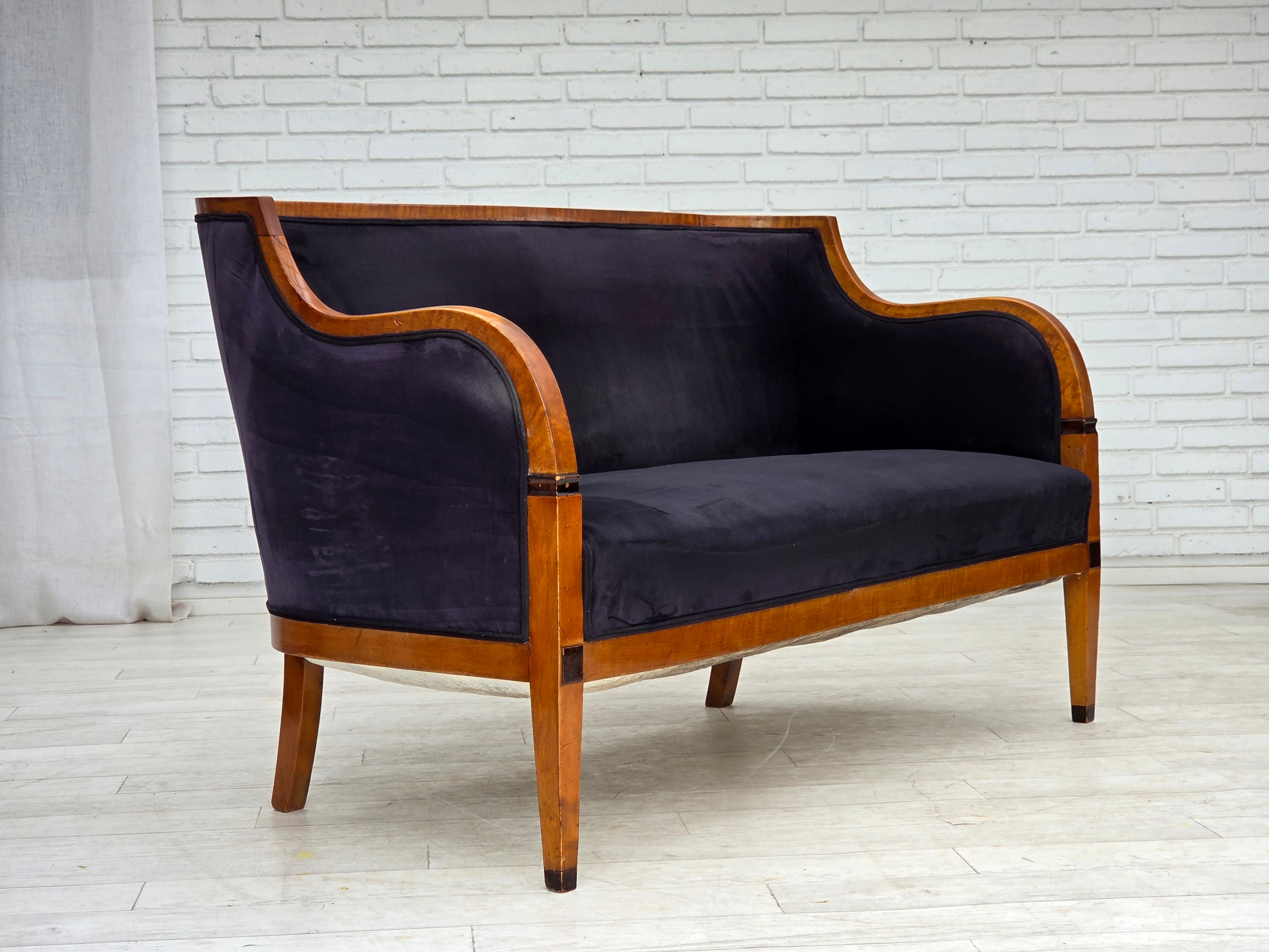 Danish_Art_Deco_2-Seater_Sofa_in_Blue_Velour_with_Lacquered_Ash_Frame,_1950s