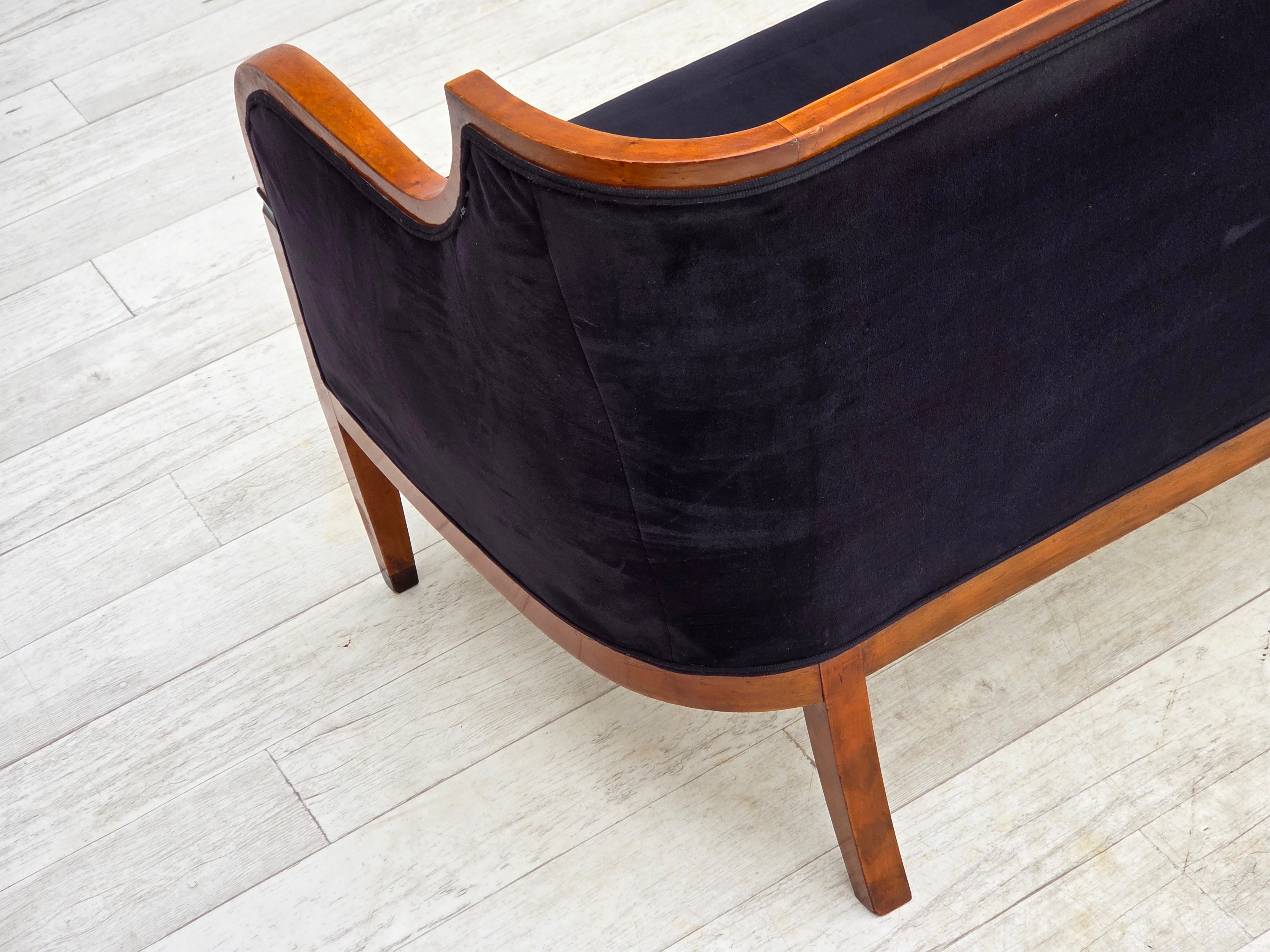 Danish_Art_Deco_2-Seater_Sofa_in_Blue_Velour_with_Lacquered_Ash_Frame,_1950s
