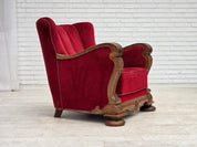 Danish_Red_Velour_Lounge_Chair_with_Carved_Oak_Frame,_1950s