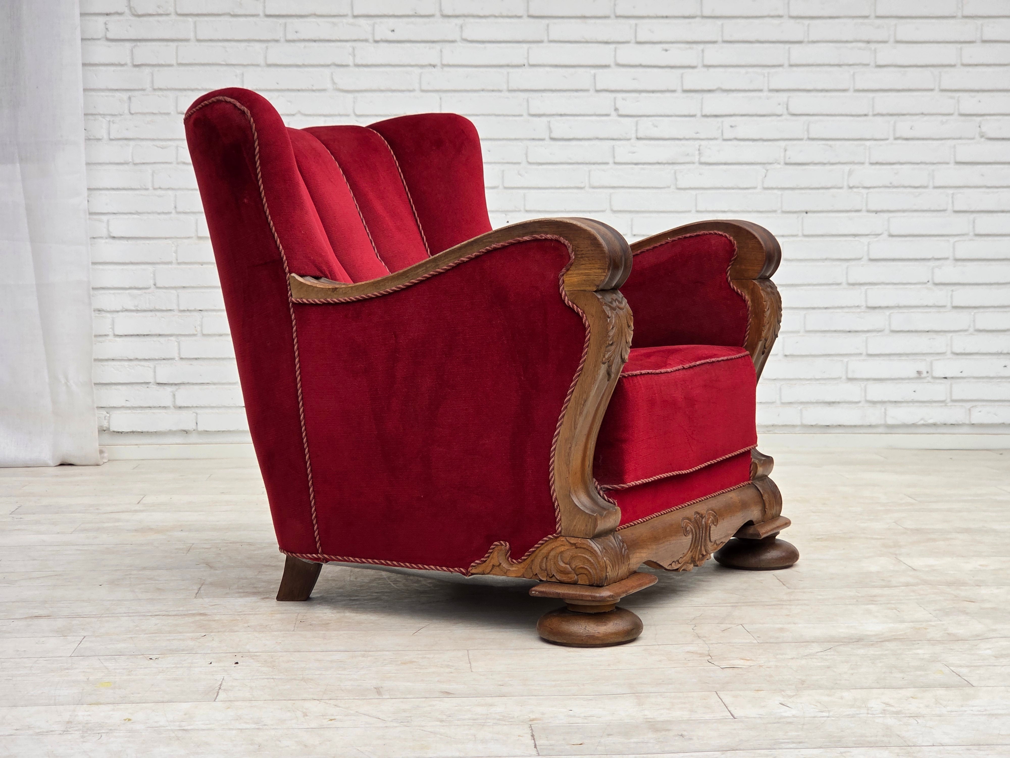 Danish_Red_Velour_Lounge_Chair_with_Carved_Oak_Frame,_1950s