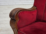 Danish_Red_Velour_Lounge_Chair_with_Carved_Oak_Frame,_1950s