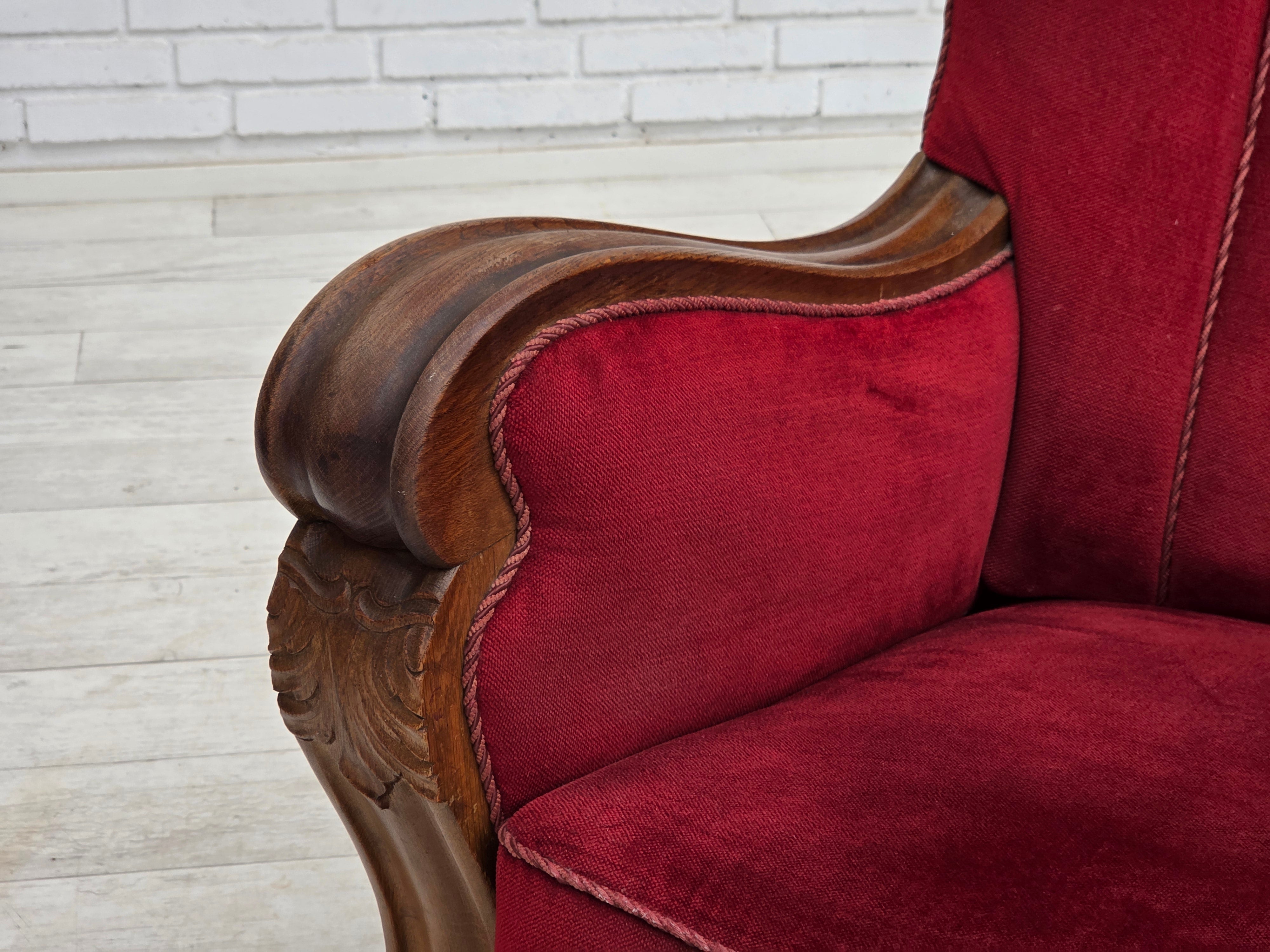 Danish_Red_Velour_Lounge_Chair_with_Carved_Oak_Frame,_1950s