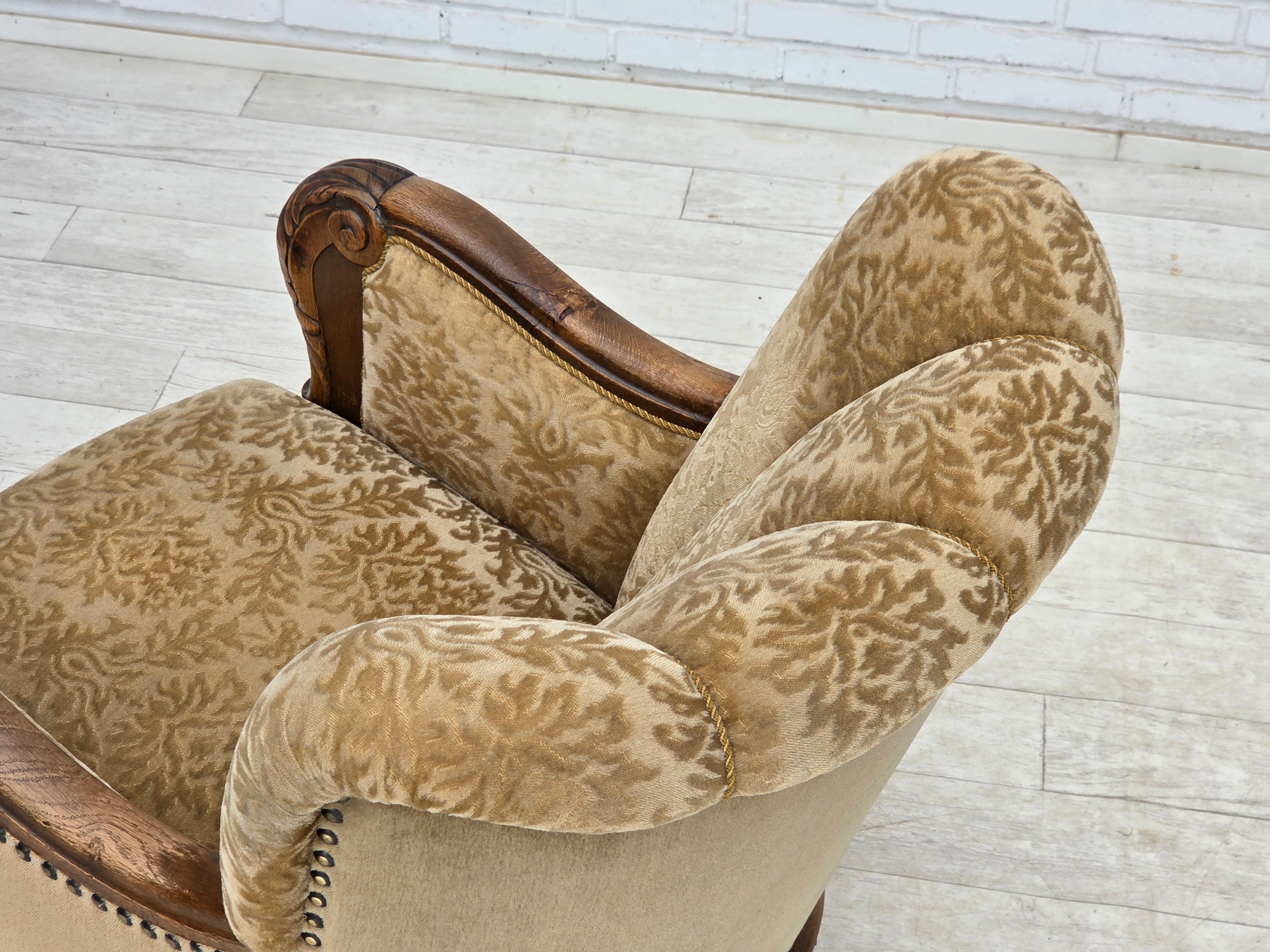Danish_Brown_Velour_Lounge_Chair_with_Carved_Oak_Frame,_1950s