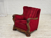 Danish_Red_Velour_Lounge_Chair_with_Carved_Oak_Frame,_1950s