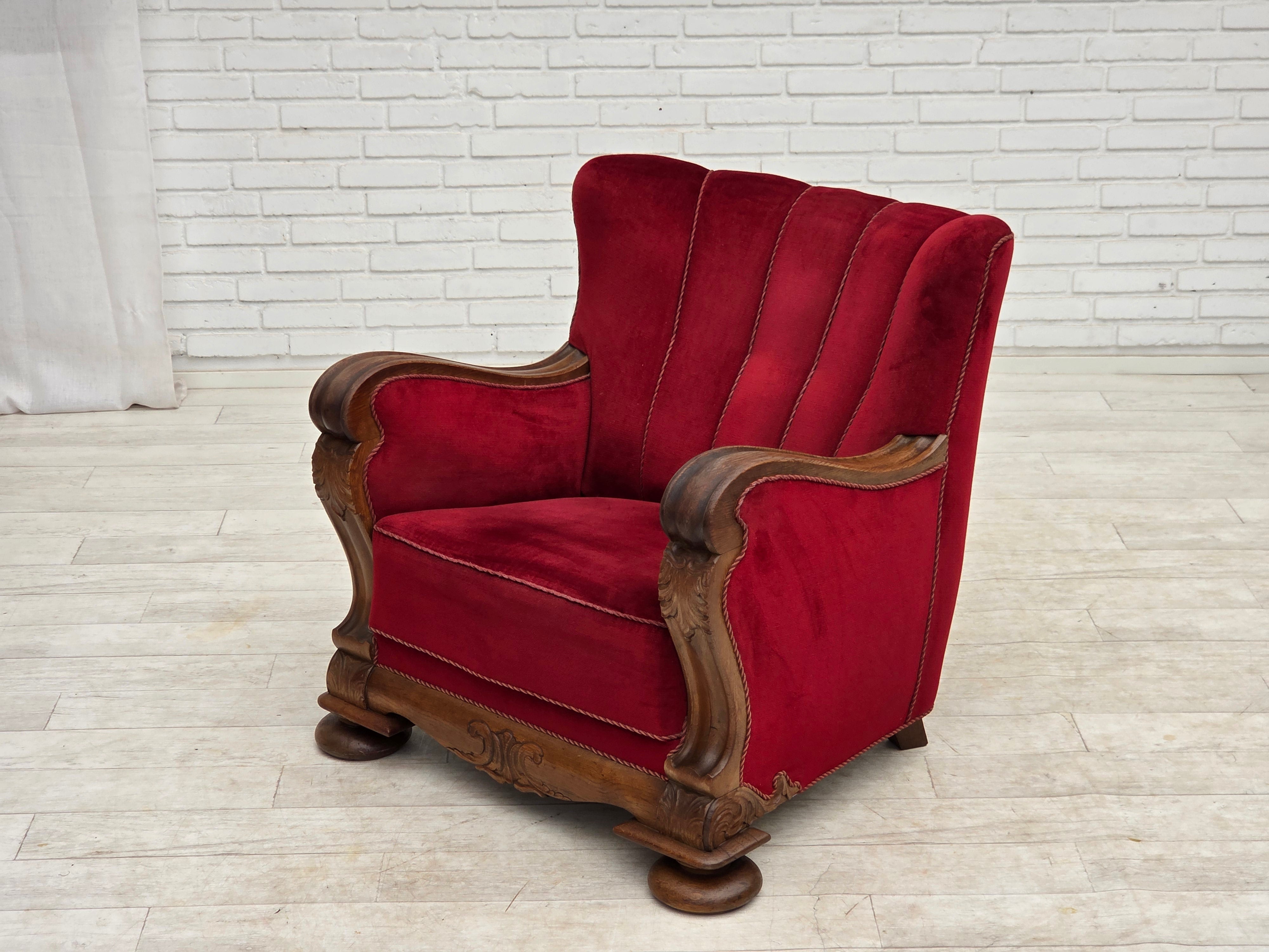 Danish_Red_Velour_Lounge_Chair_with_Carved_Oak_Frame,_1950s