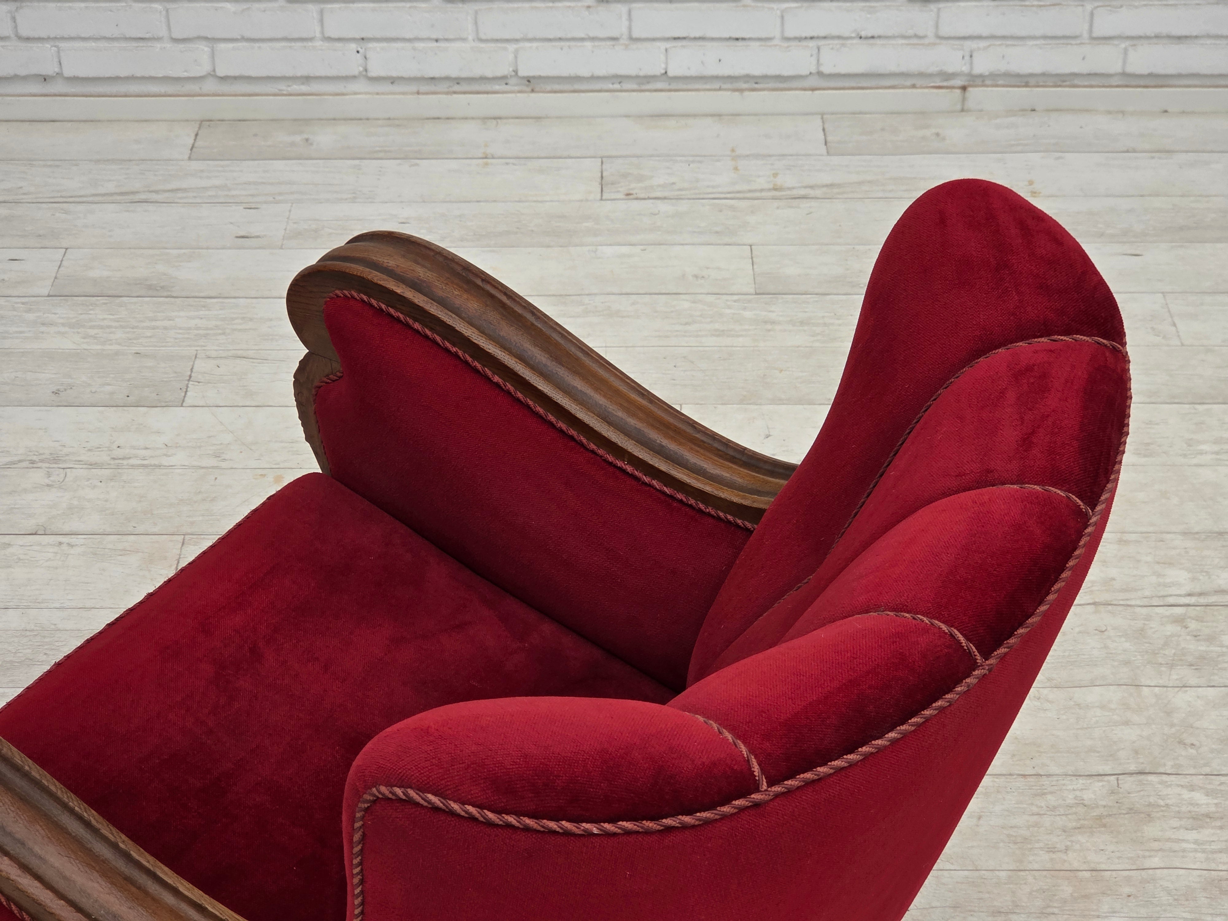 Danish_Red_Velour_Lounge_Chair_with_Carved_Oak_Frame,_1950s