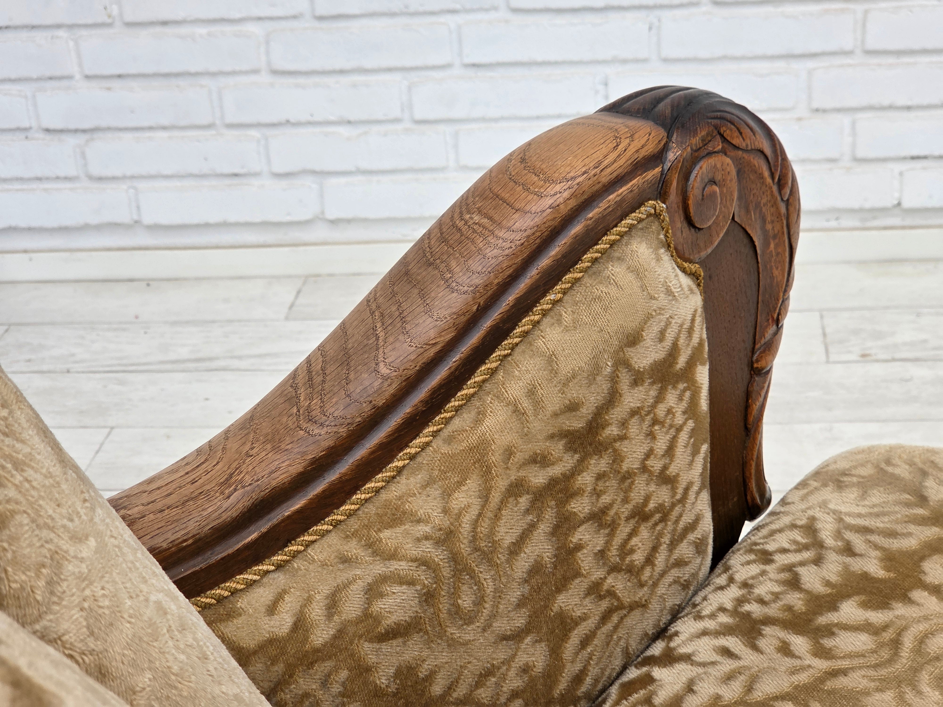 Danish_Brown_Velour_Lounge_Chair_with_Carved_Oak_Frame,_1950s