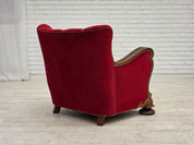 Danish_Red_Velour_Lounge_Chair_with_Carved_Oak_Frame,_1950s