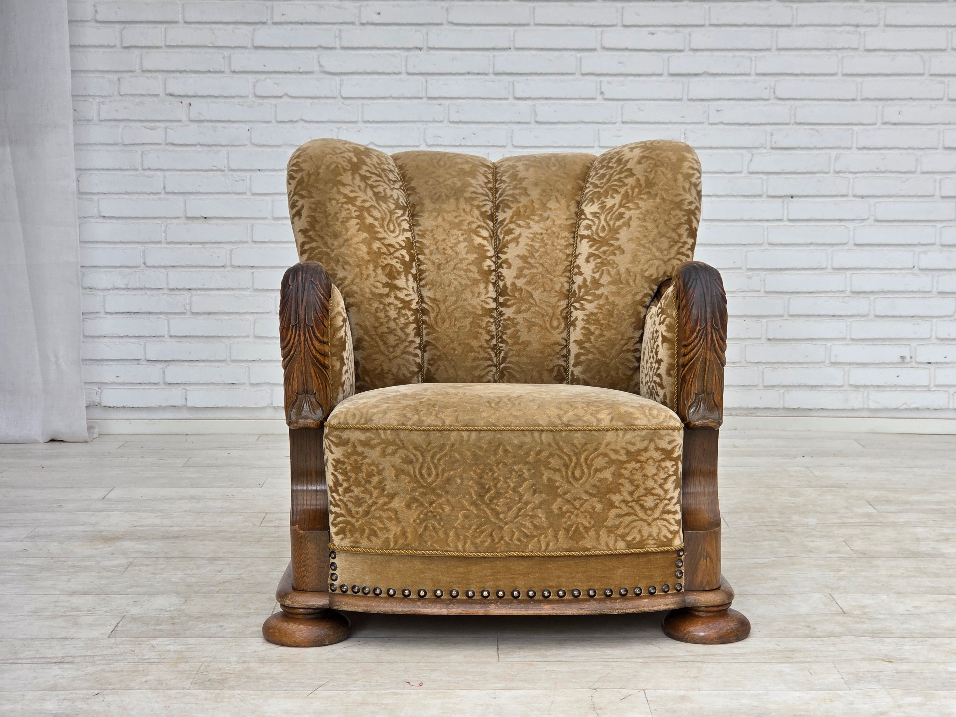 Danish_Brown_Velour_Lounge_Chair_with_Carved_Oak_Frame,_1950s