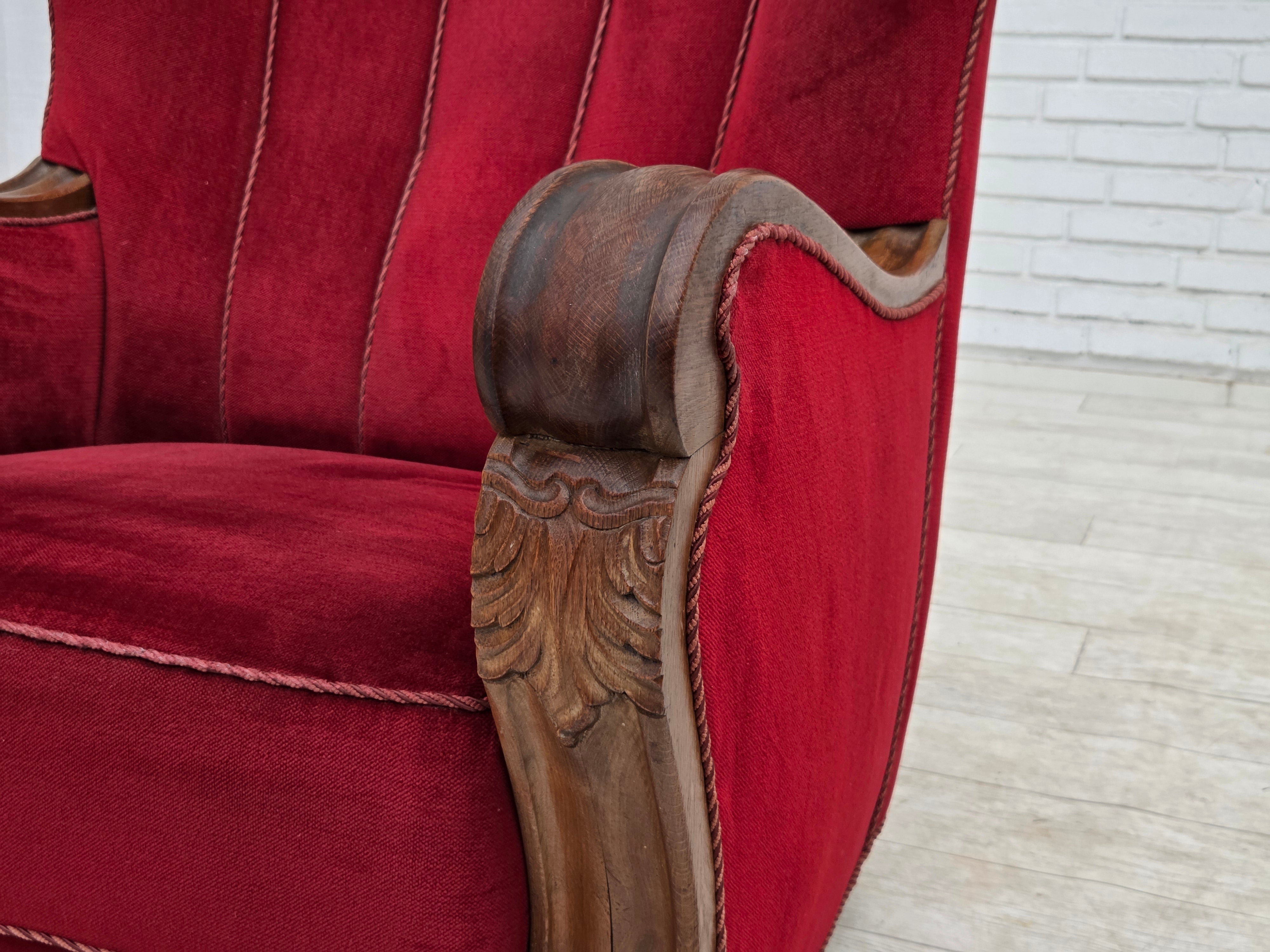 Danish_Red_Velour_Lounge_Chair_with_Carved_Oak_Frame,_1950s