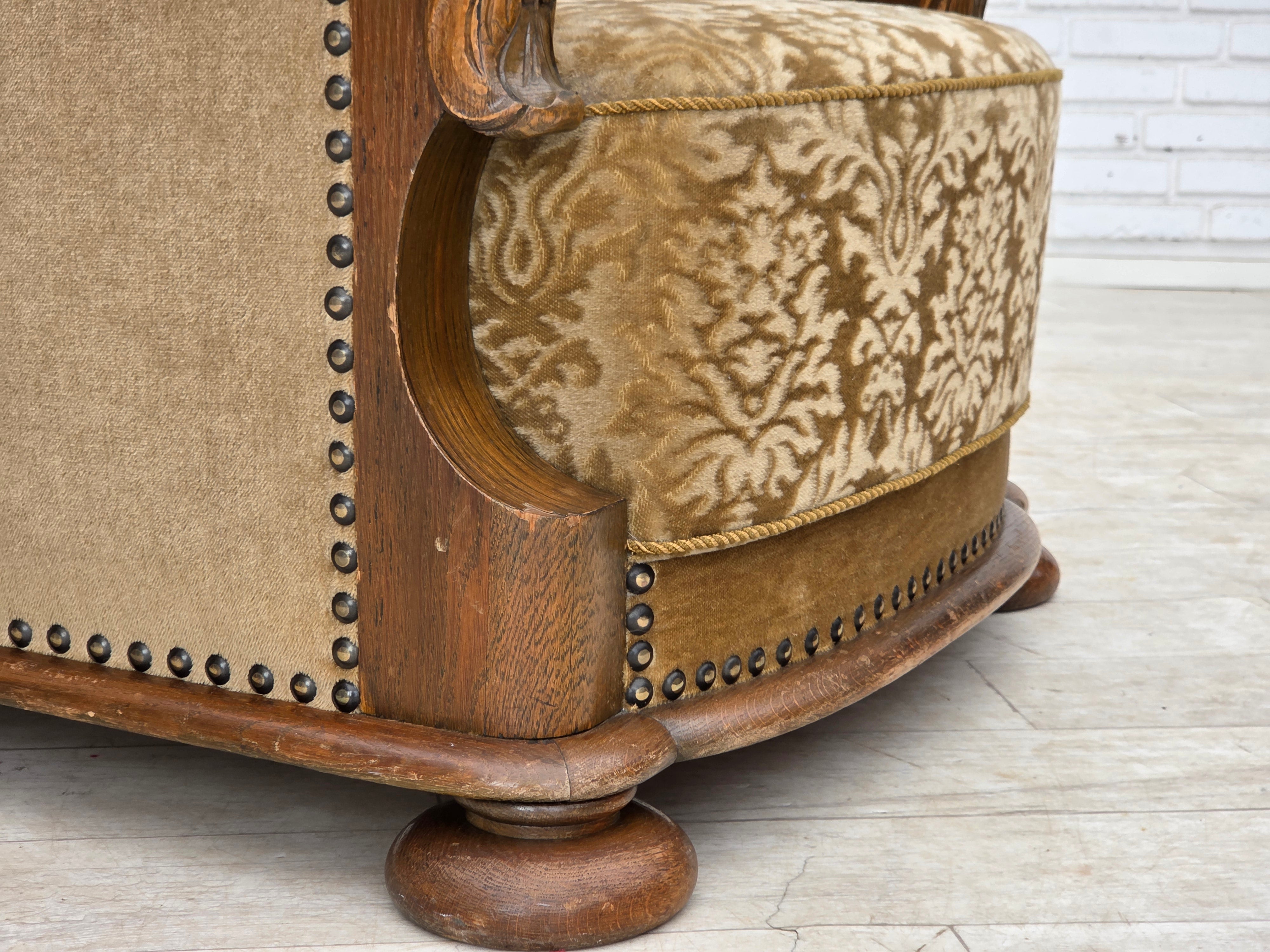 Danish_Brown_Velour_Lounge_Chair_with_Carved_Oak_Frame,_1950s