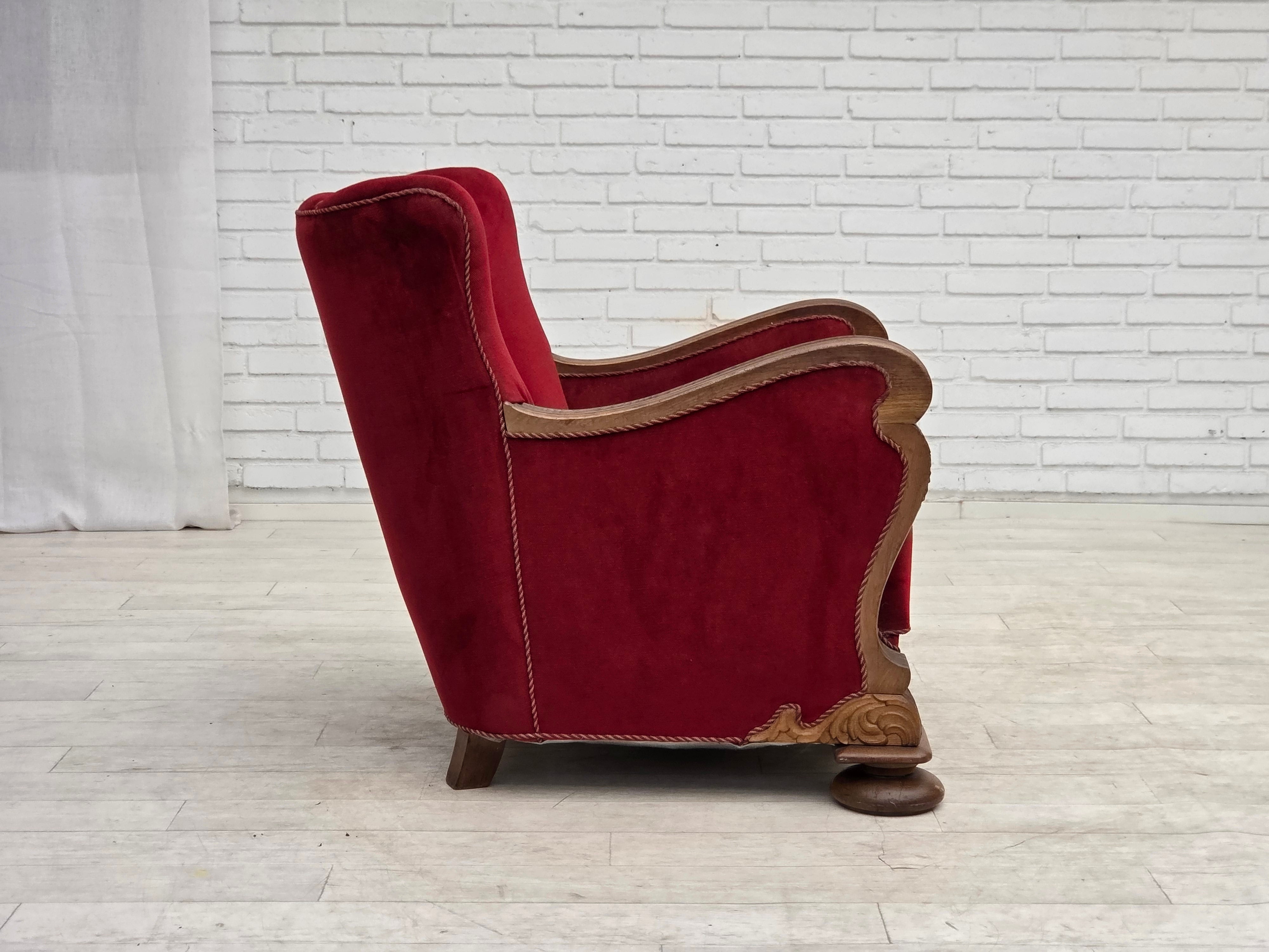 Danish_Red_Velour_Lounge_Chair_with_Carved_Oak_Frame,_1950s