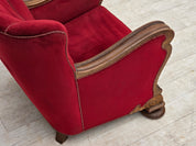 Danish_Red_Velour_Lounge_Chair_with_Carved_Oak_Frame,_1950s