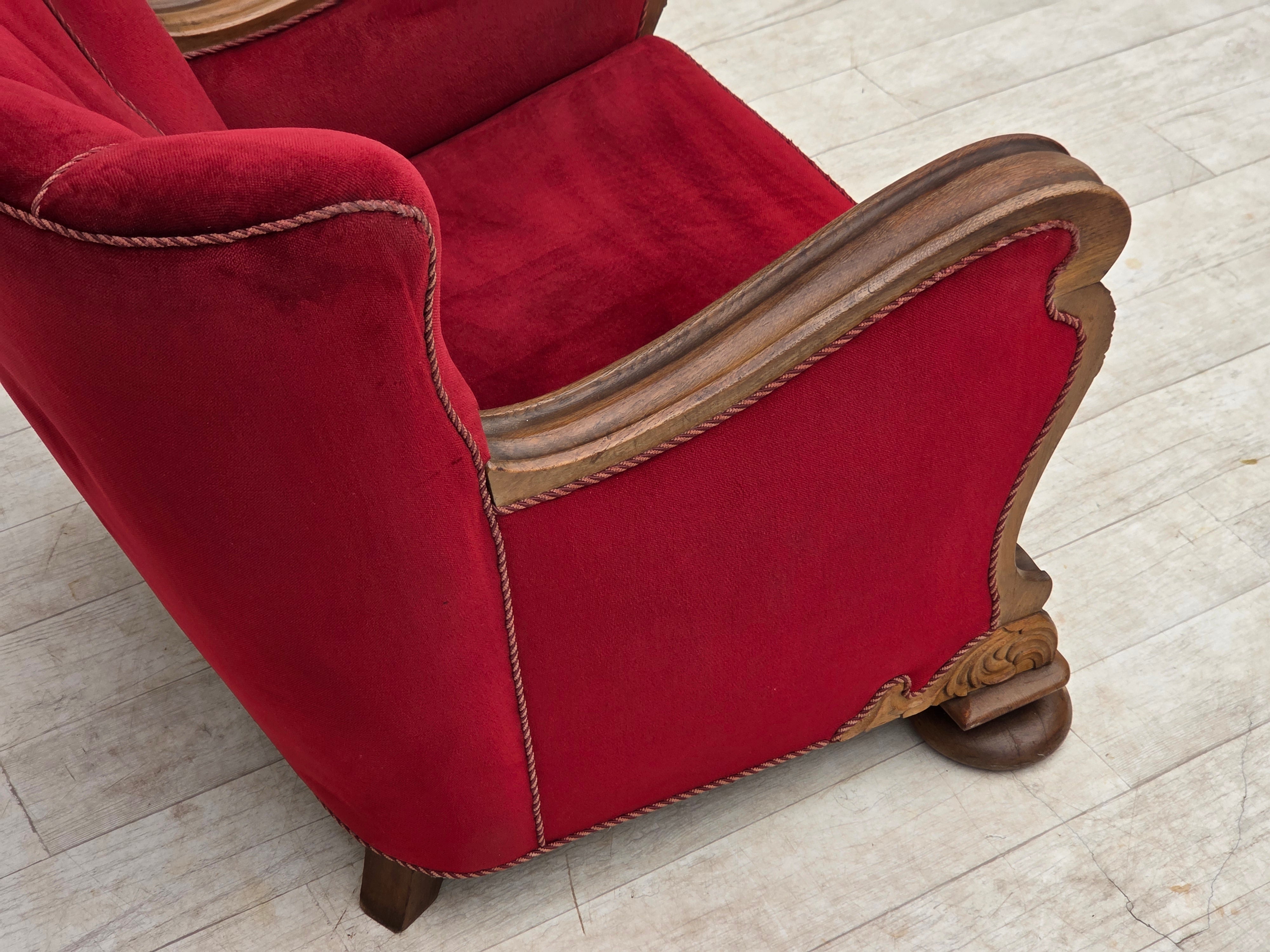 Danish_Red_Velour_Lounge_Chair_with_Carved_Oak_Frame,_1950s
