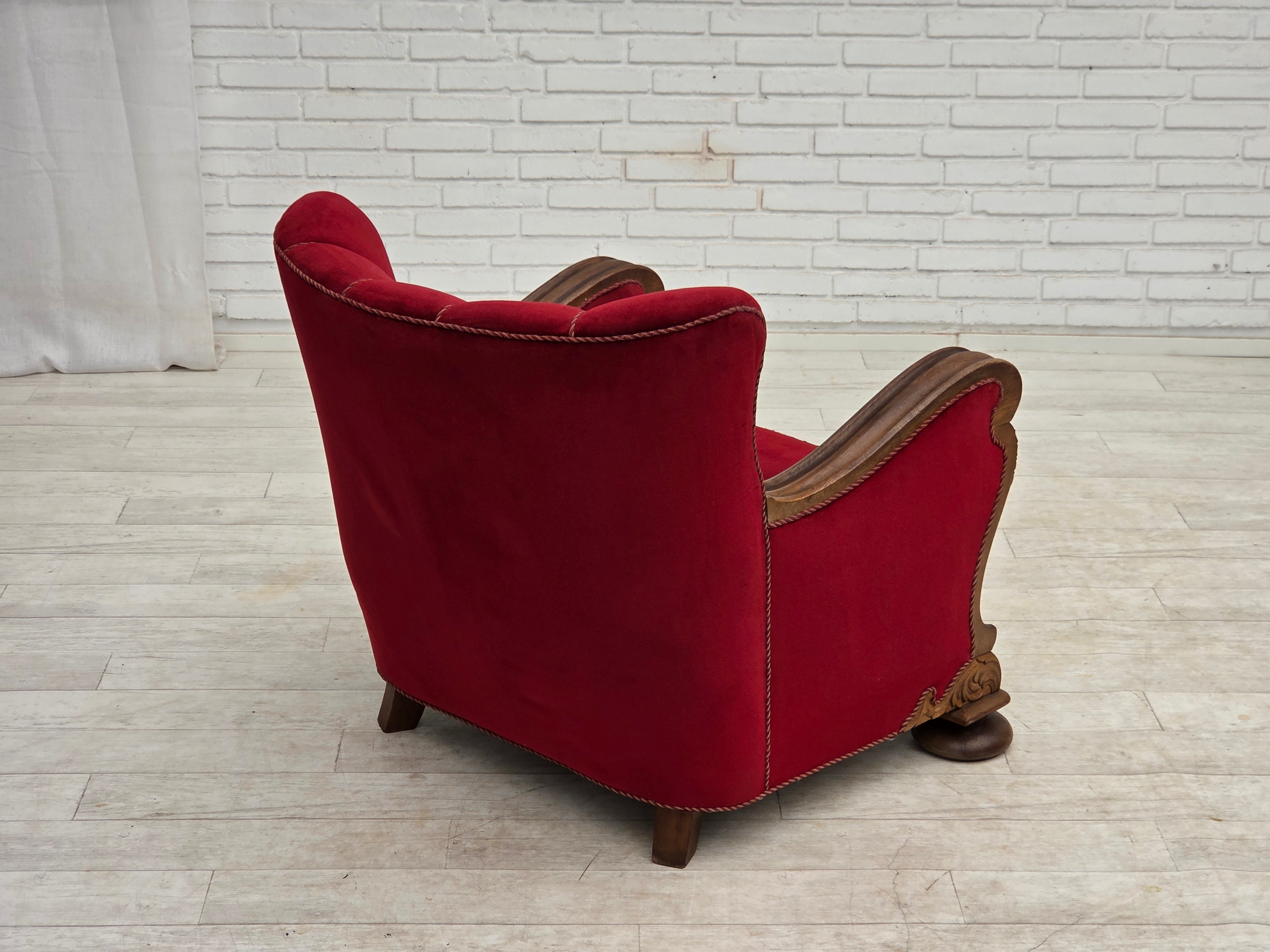Danish_Red_Velour_Lounge_Chair_with_Carved_Oak_Frame,_1950s