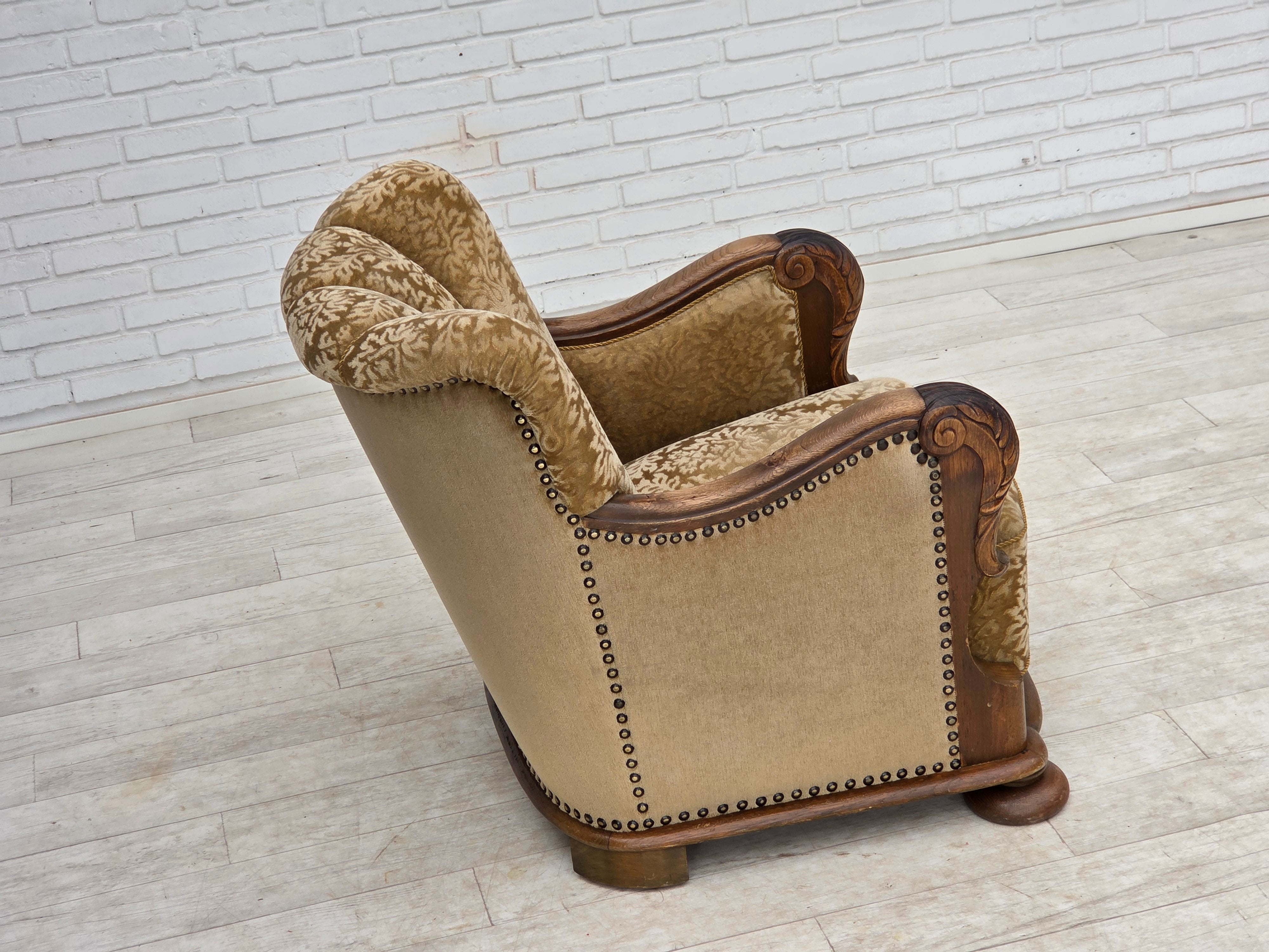Danish_Brown_Velour_Lounge_Chair_with_Carved_Oak_Frame,_1950s