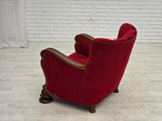 Danish_Red_Velour_Lounge_Chair_with_Carved_Oak_Frame,_1950s